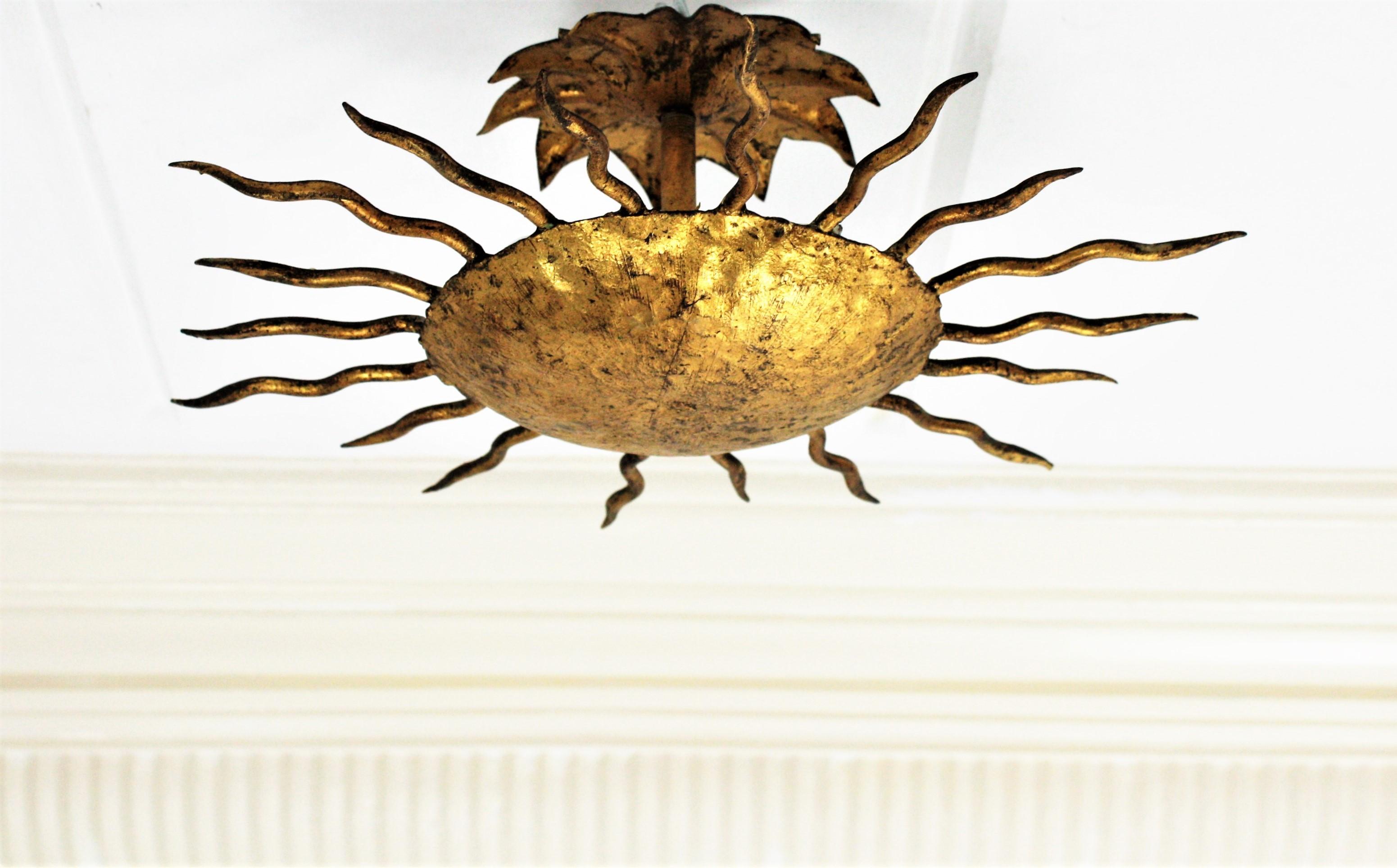 Spanish Sunburst Flush Mount or Wall Light in Gilt Iron 5