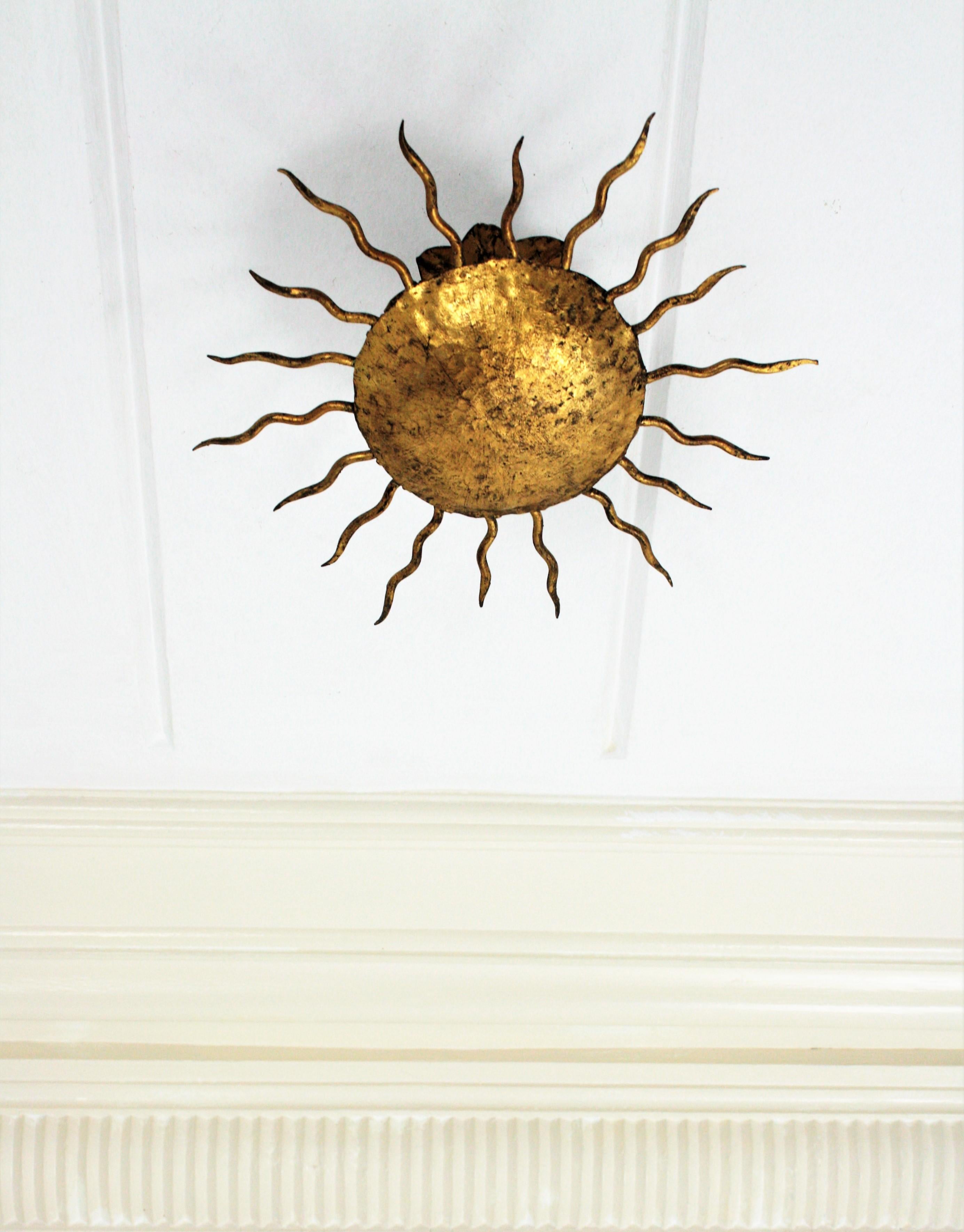 Spanish Sunburst Flush Mount or Wall Light in Gilt Iron 1