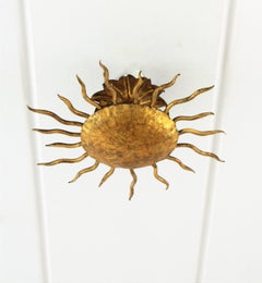 Small Gilt Iron Sunburst Flush Mount Ceiling or Wall Light Fixture, Spain 1950s