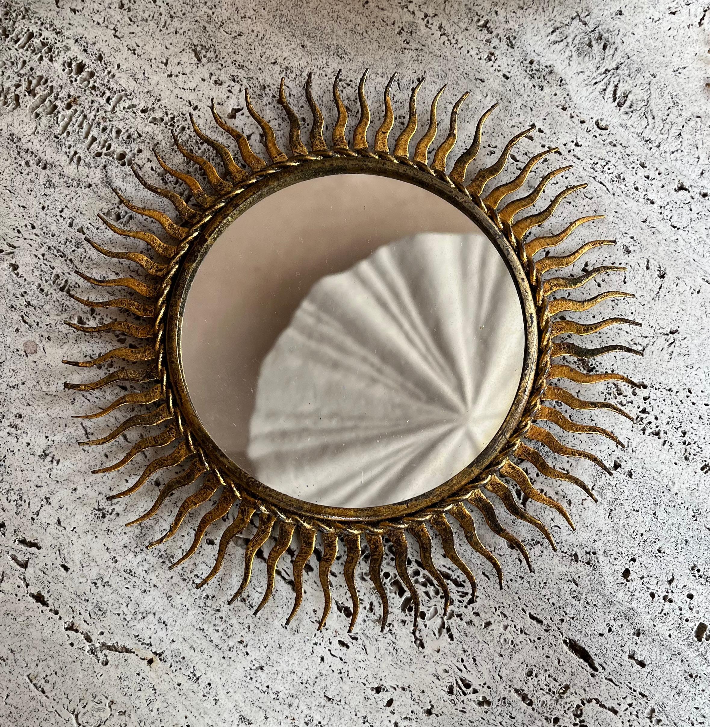 Brushed Small gilt metal sunburst mirror