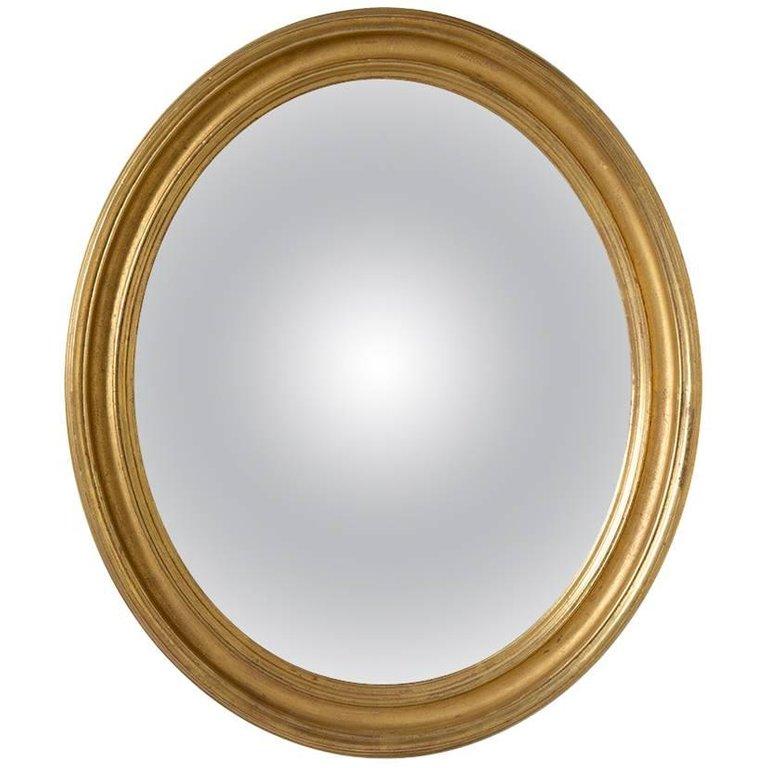 Small Gilt Oval Frame with Handk Drawn Deep Convex Mirror For Sale at 1stDibs