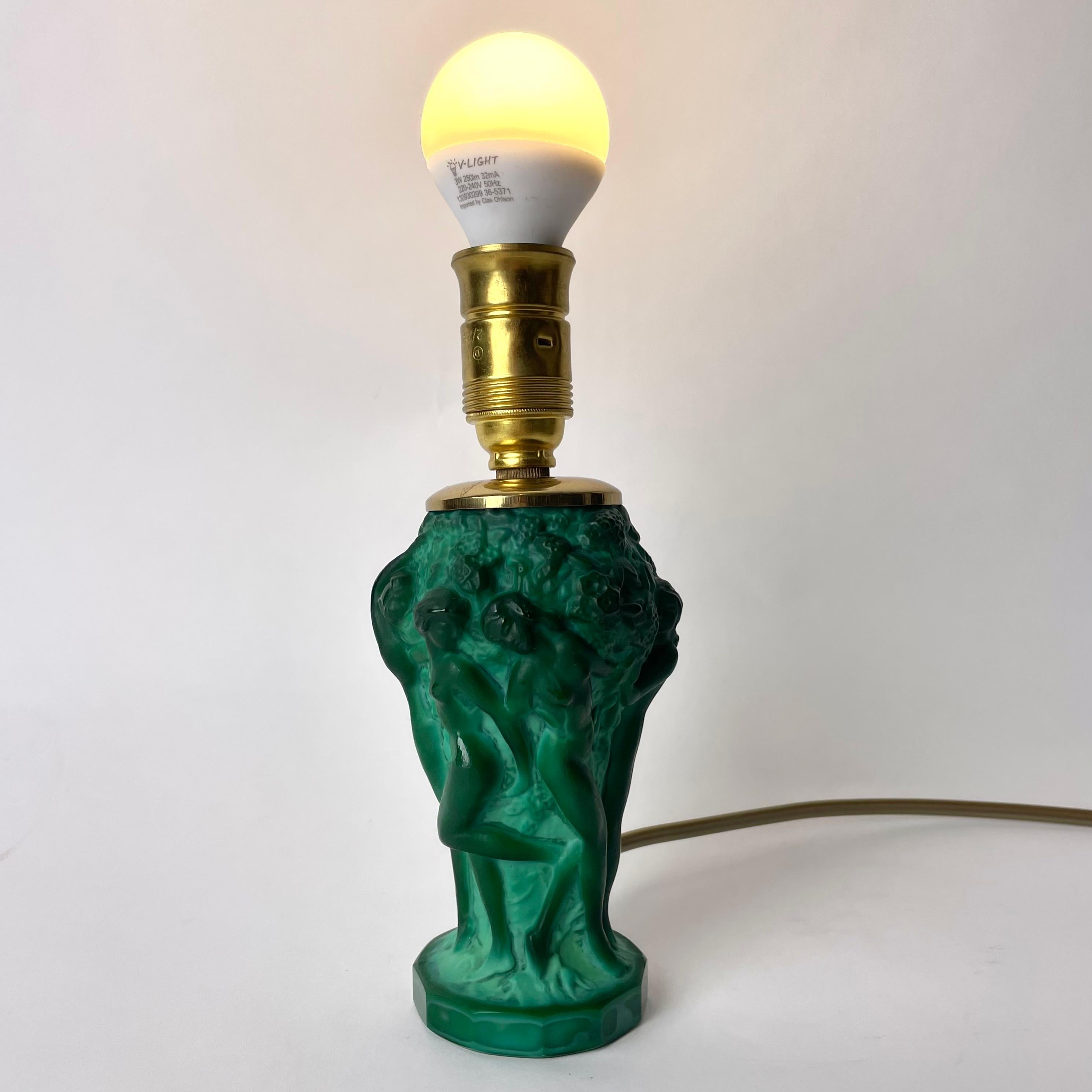Beautiful small glass Table Lamp in period Art Deco. Designed by Heinrich Hoffman (1875-1939) & Curt Schlevogt (1869-1959) from Czechoslovakia during the 1930s. A parade of female nudes appear around the body of the lamp harvesting grapes from