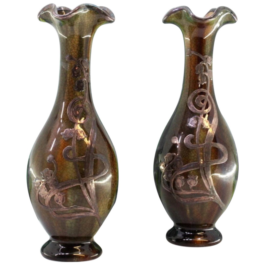 Small glazed porcelain vases with silver floral applications For Sale