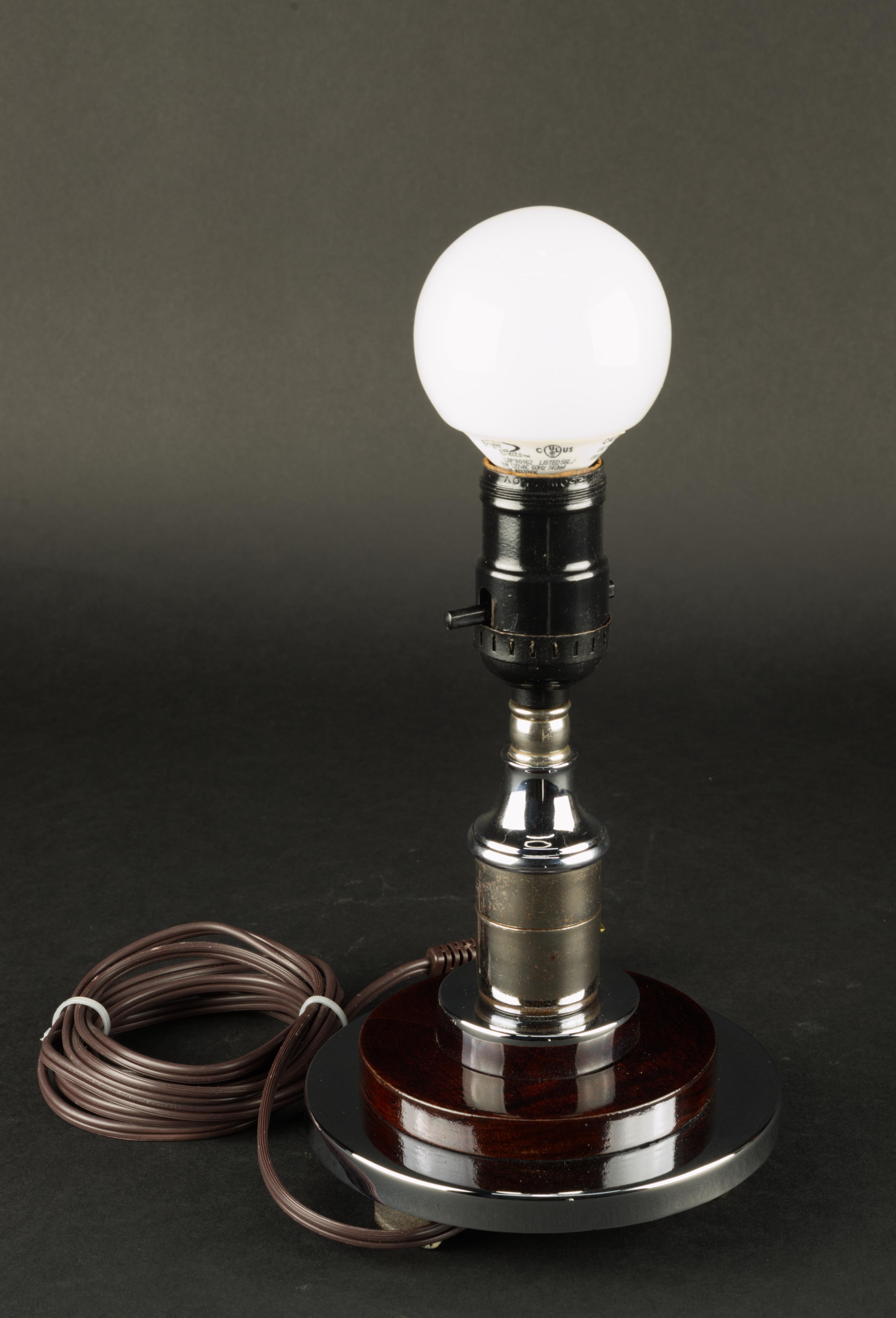 Art Deco Small globe table lamp in chrome and walnut. 1970s For Sale