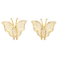 Retro Small Gold Butterfly Stud Earrings, 14K Yellow Gold, Length 3/8 Inch, Simple 
