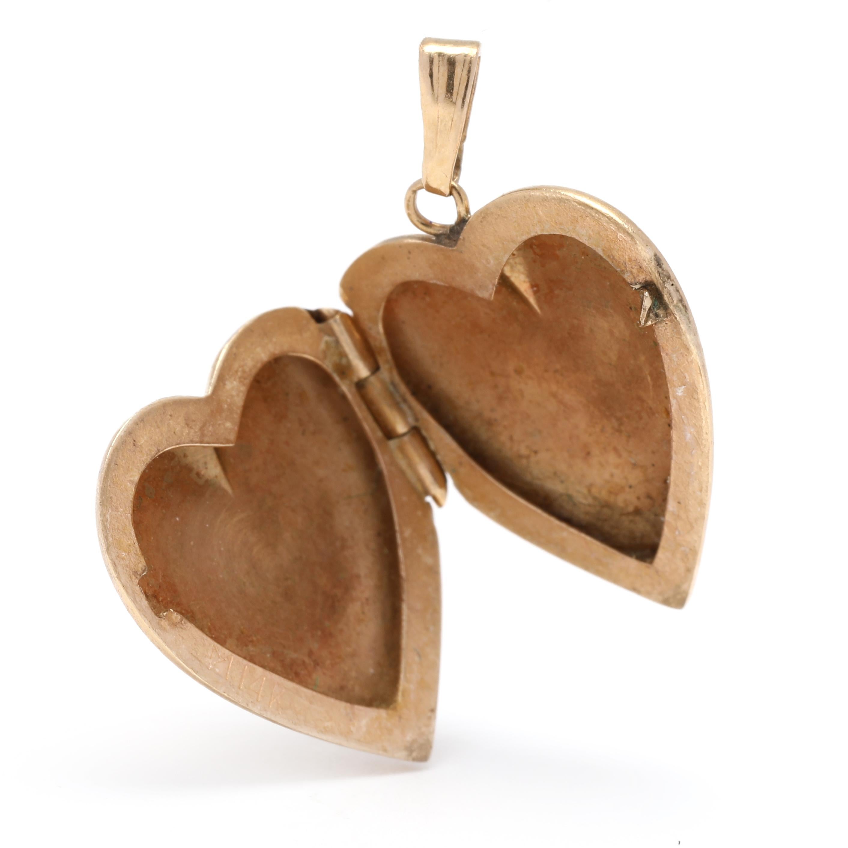 Small Gold Engraved Heart Locket Pendant, 14k Yellow Gold In Good Condition For Sale In McLeansville, NC