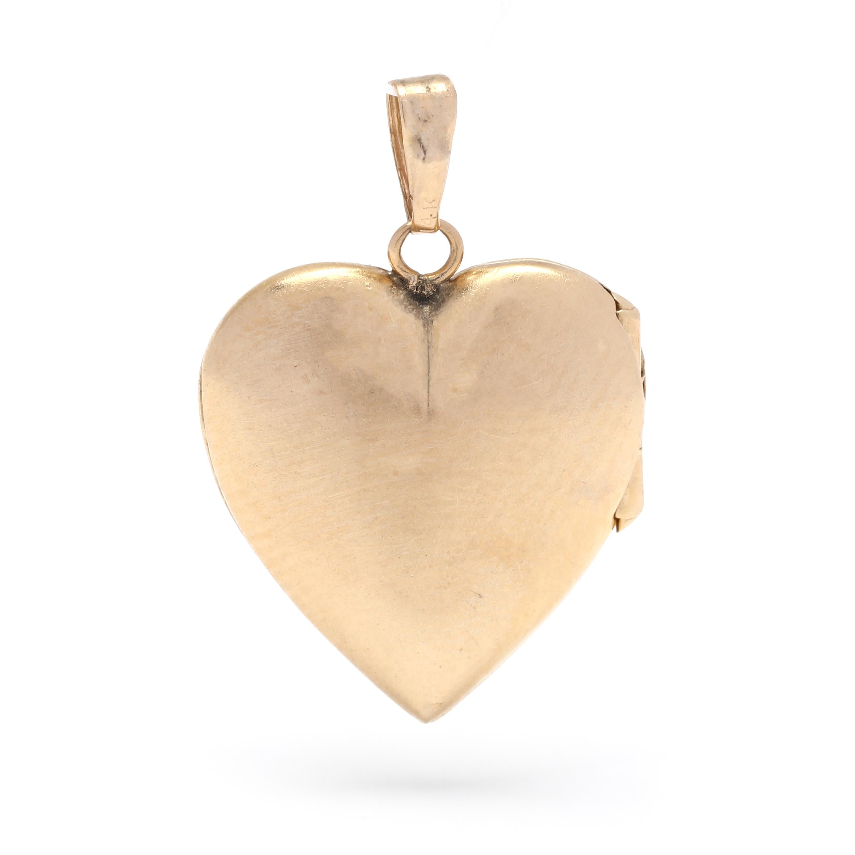 Women's or Men's Small Gold Engraved Heart Locket Pendant, 14k Yellow Gold For Sale