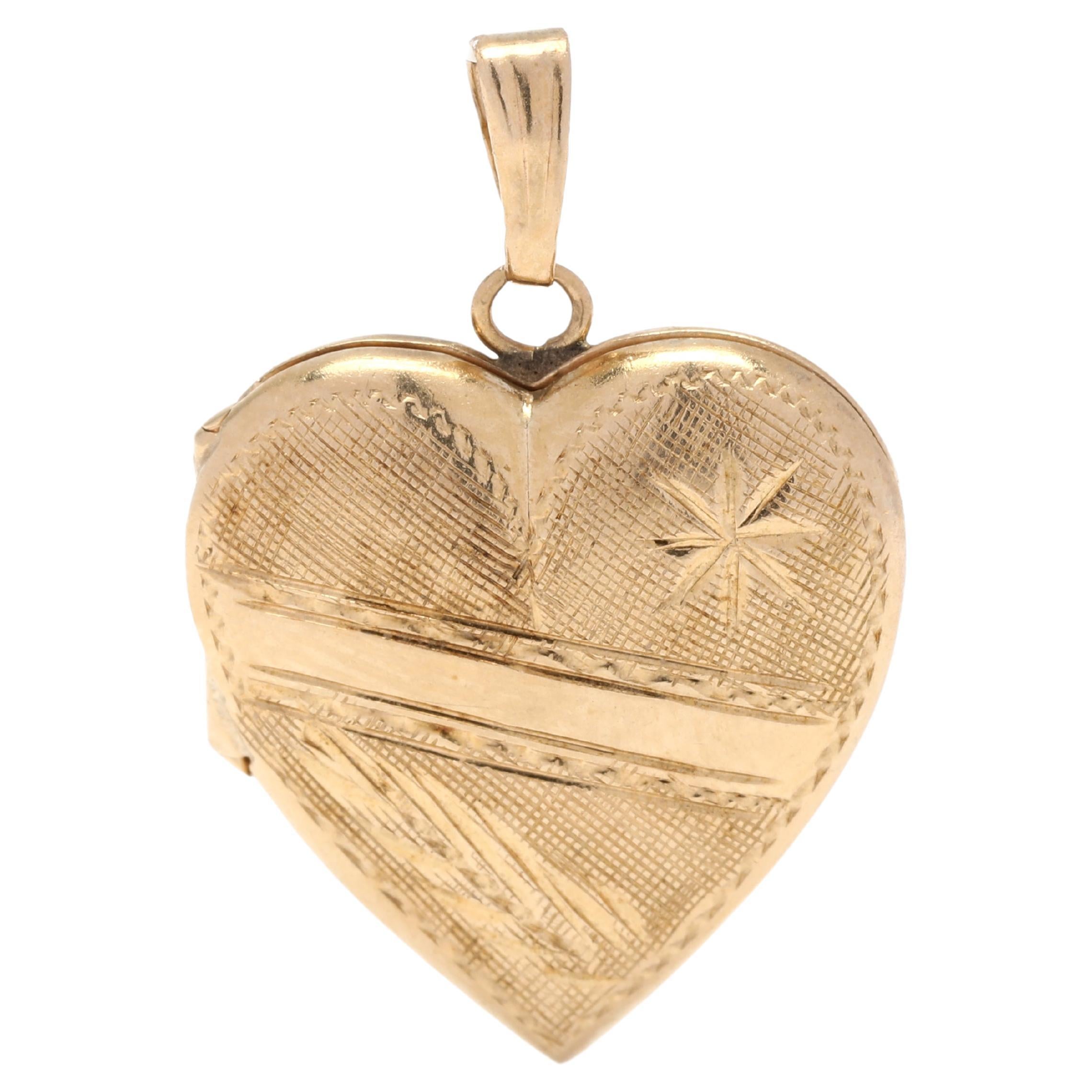 Small Gold Engraved Heart Locket Pendant, 14k Yellow Gold For Sale