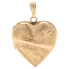 Small Gold Engraved Heart Locket Pendant, 14k Yellow Gold