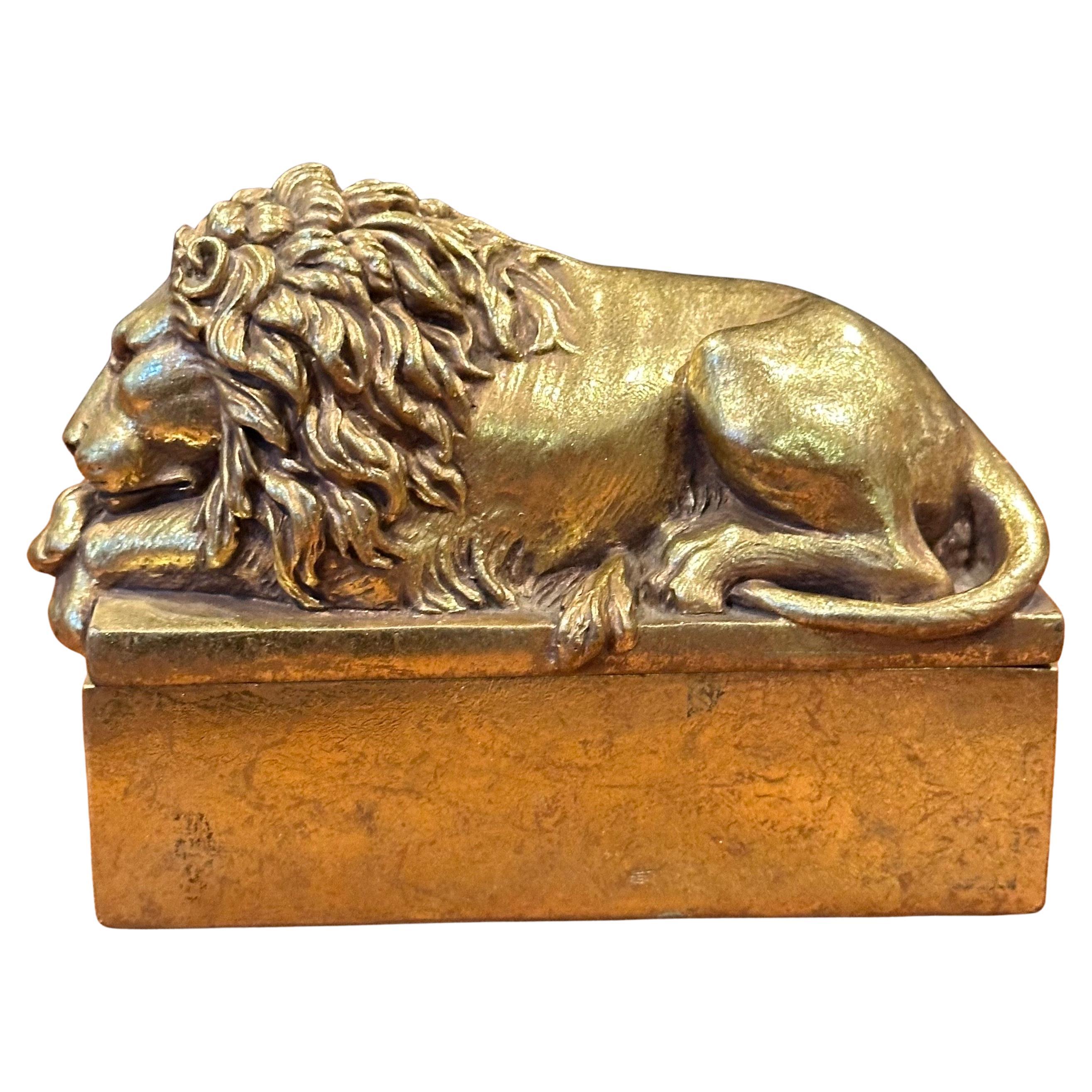 Hollywood Regency Small Gold Lion Trinket Box in the Style of by Antonio Canova