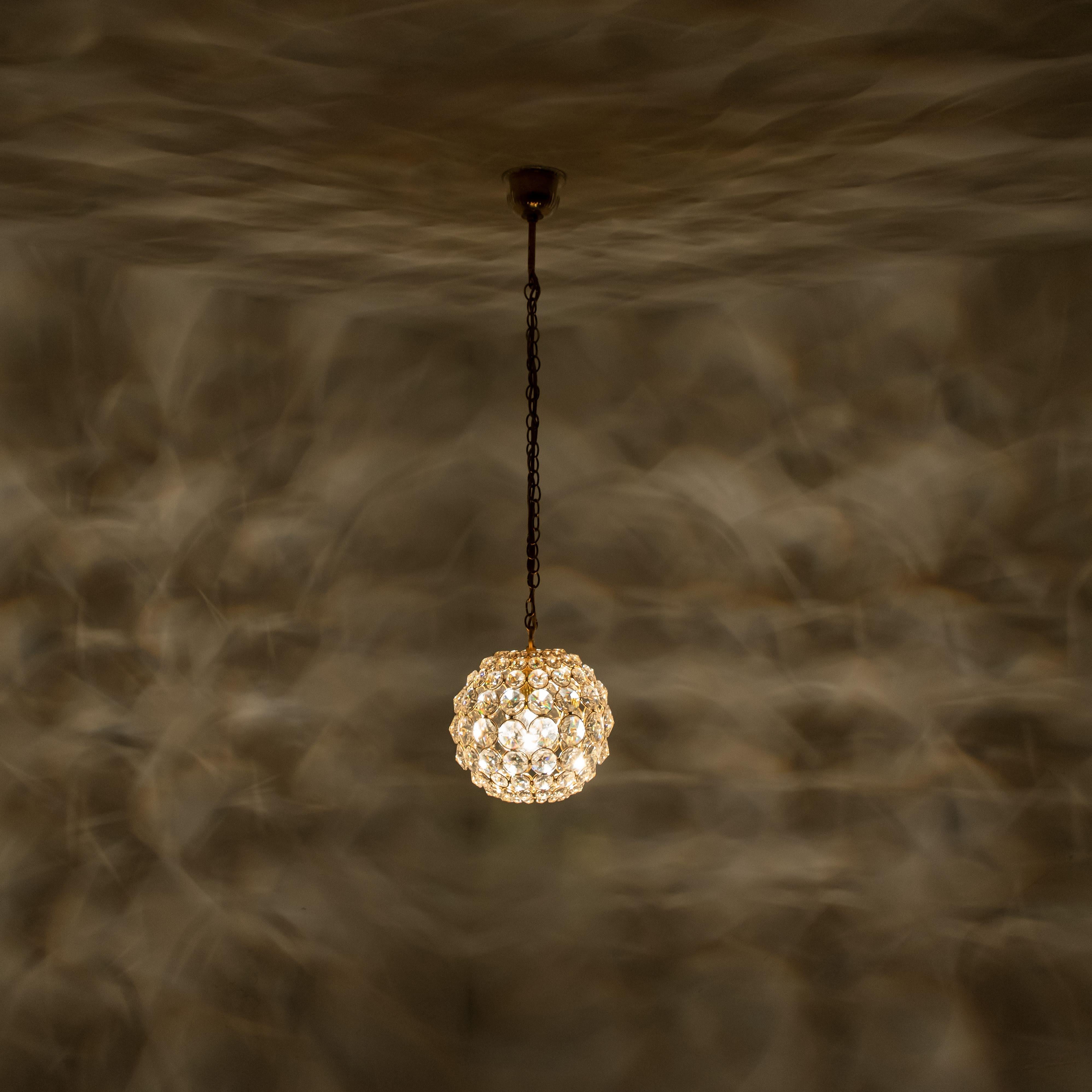 Small Gold-Plated Brass and Crystal Pendant Lamp from Palwa, 1960s 5