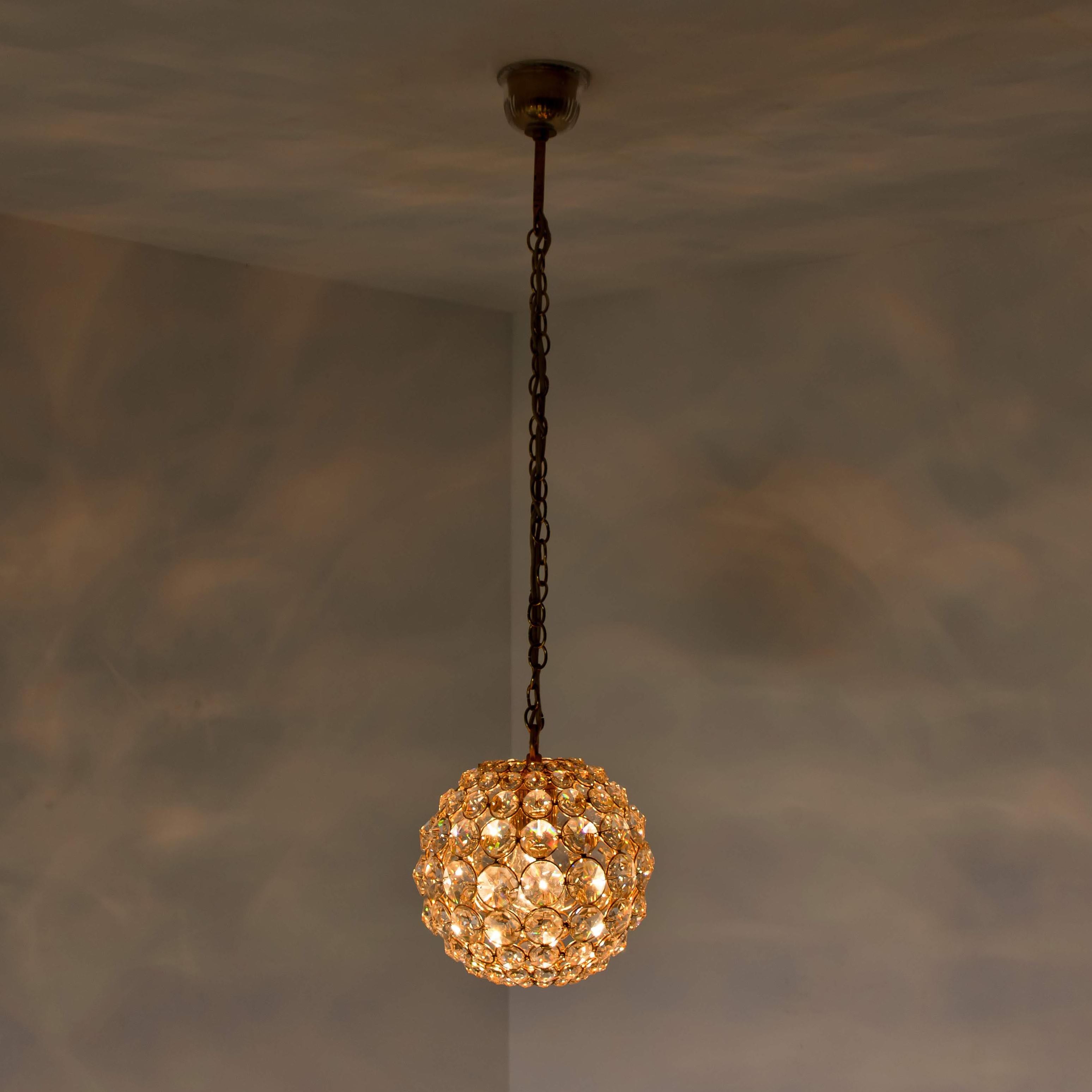 Small Gold-Plated Brass and Crystal Pendant Lamp from Palwa, 1960s 8
