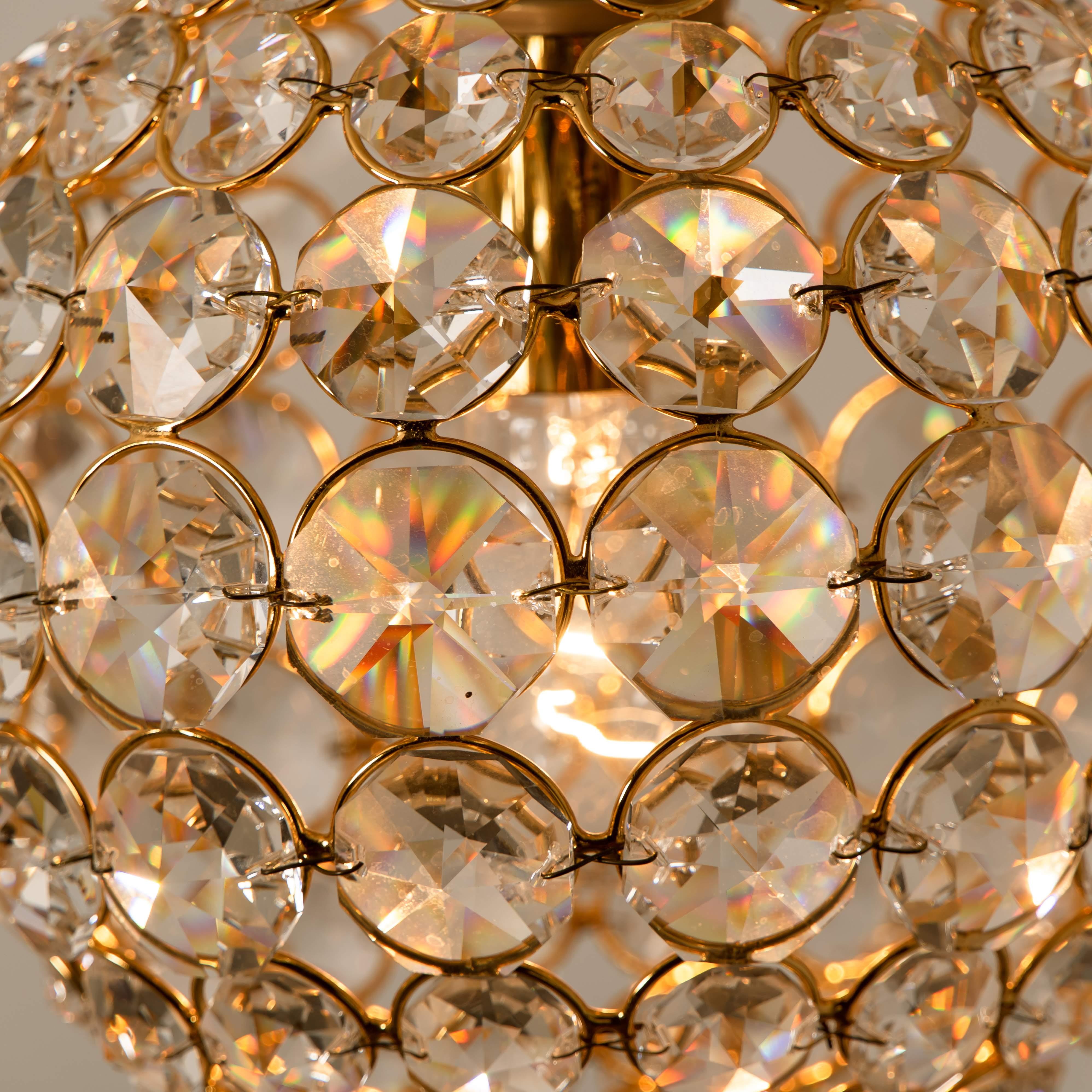 Mid-Century Modern Small Gold-Plated Brass and Crystal Pendant Lamp from Palwa, 1960s