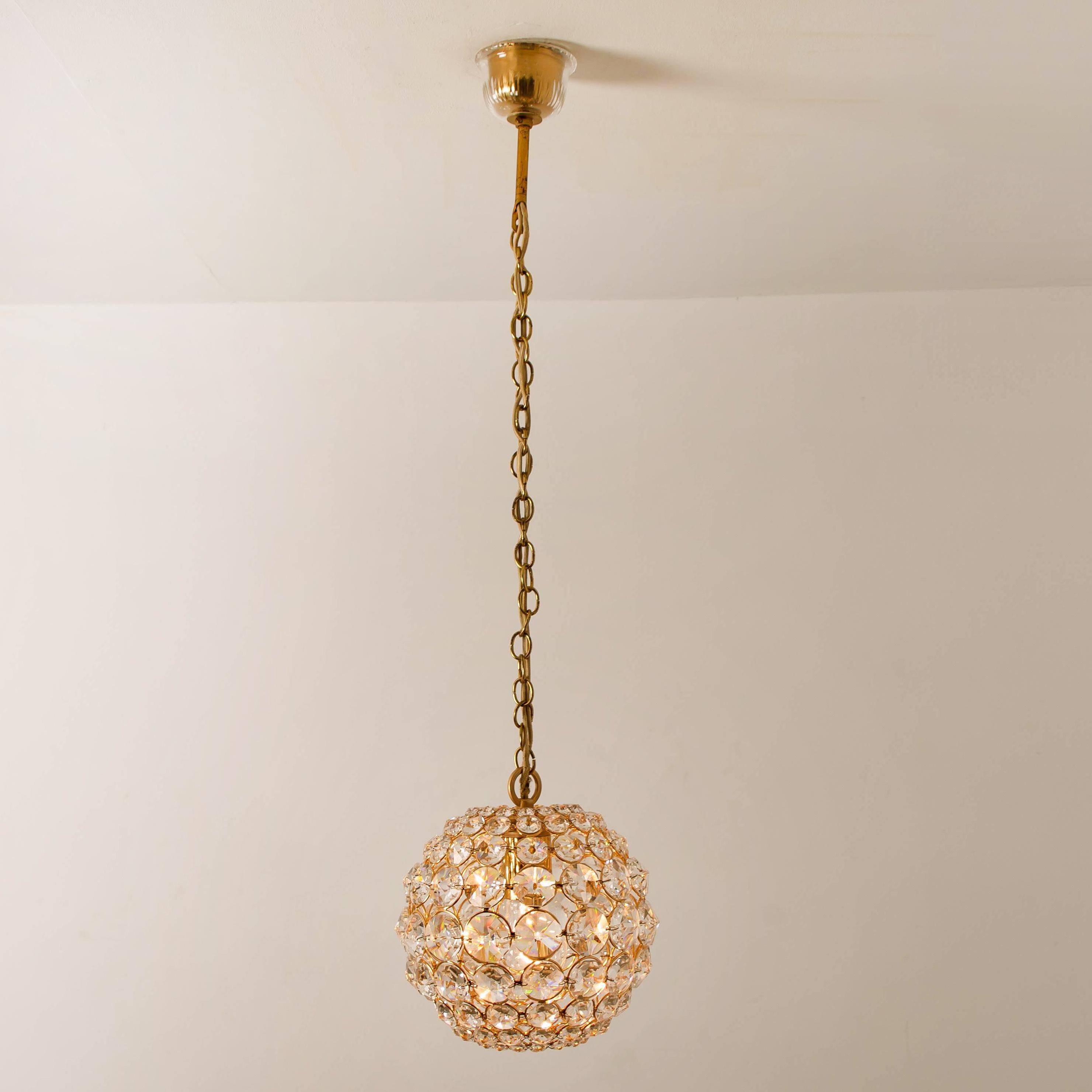 Italian Small Gold-Plated Brass and Crystal Pendant Lamp from Palwa, 1960s