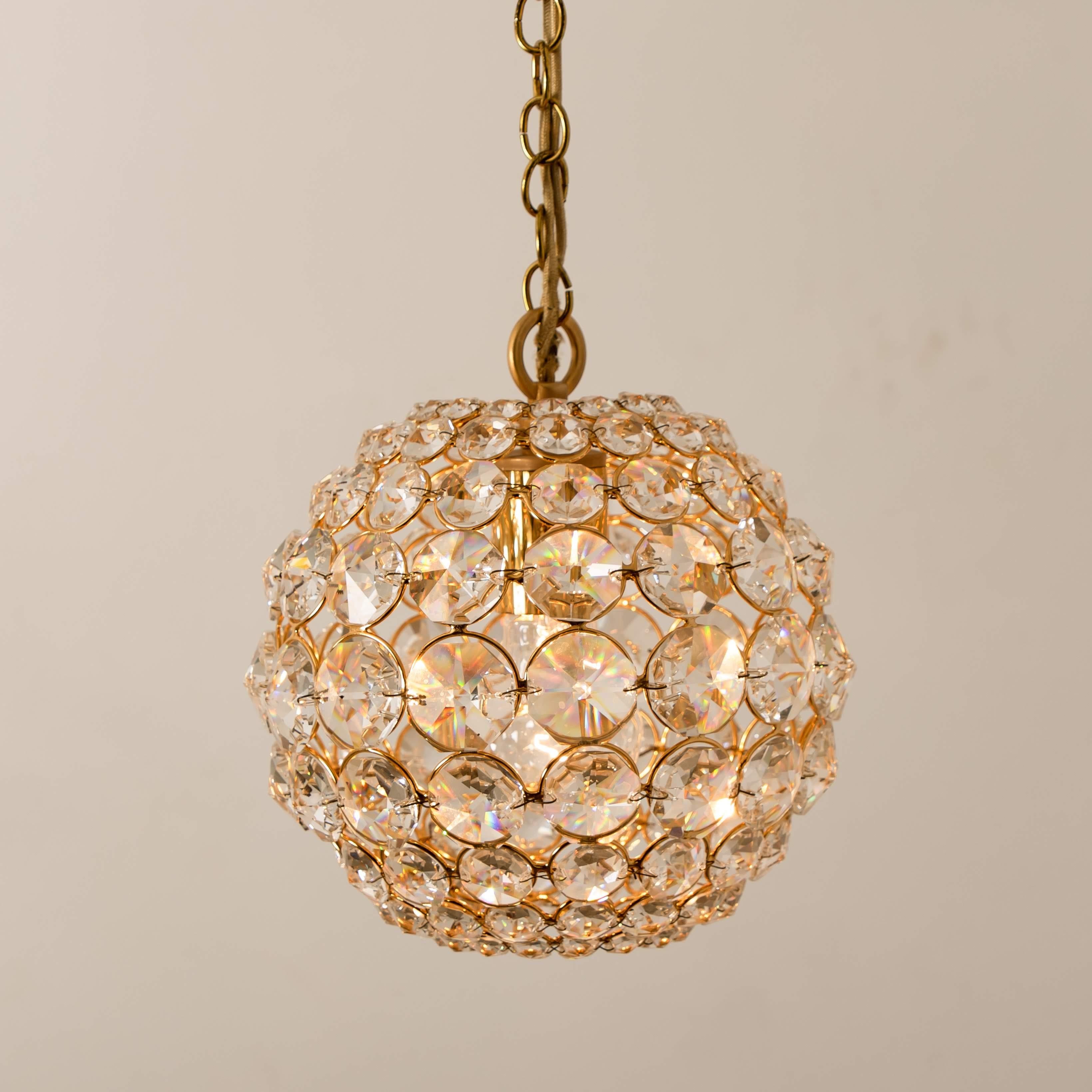 Mid-20th Century Small Gold-Plated Brass and Crystal Pendant Lamp from Palwa, 1960s