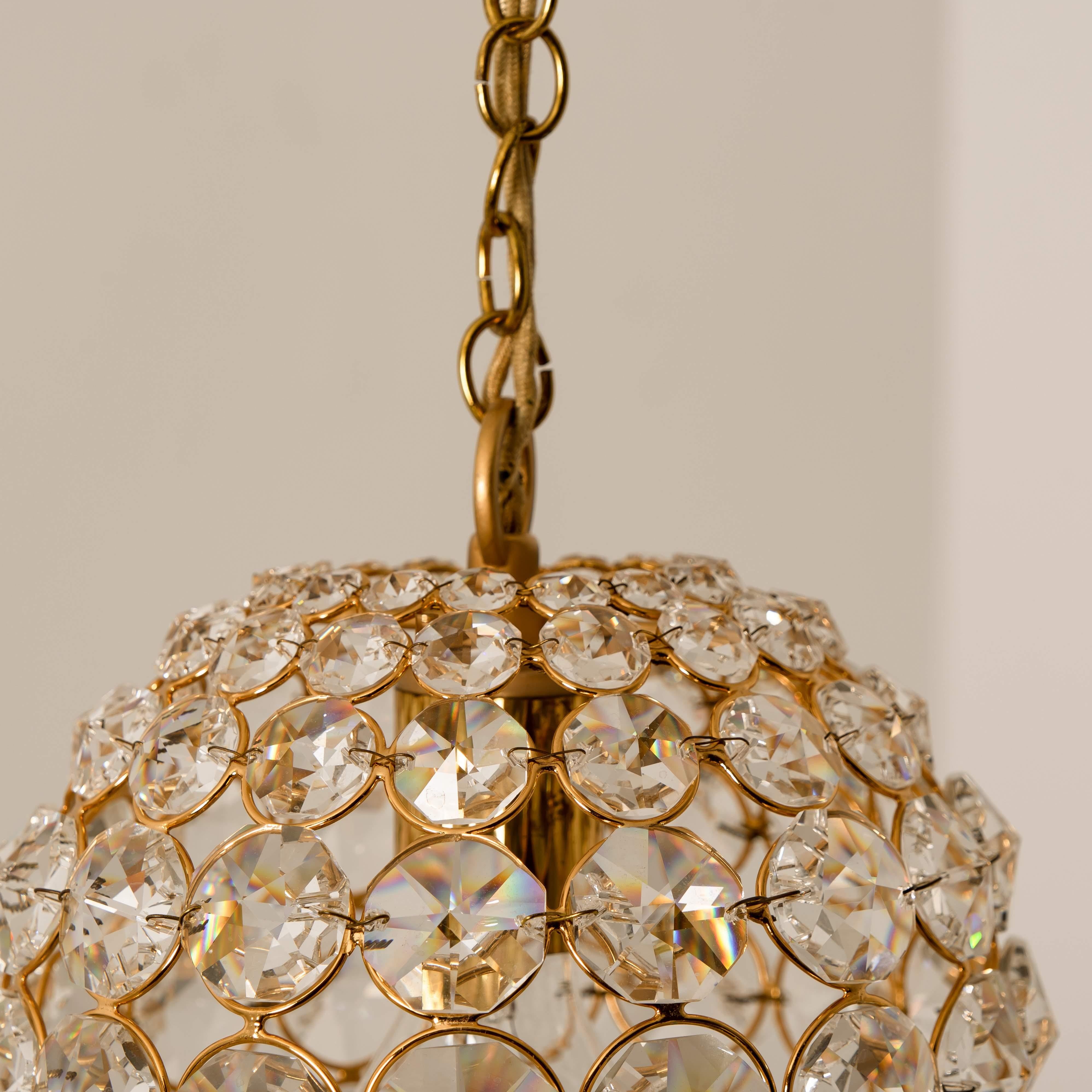 Small Gold-Plated Brass and Crystal Pendant Lamp from Palwa, 1960s 2
