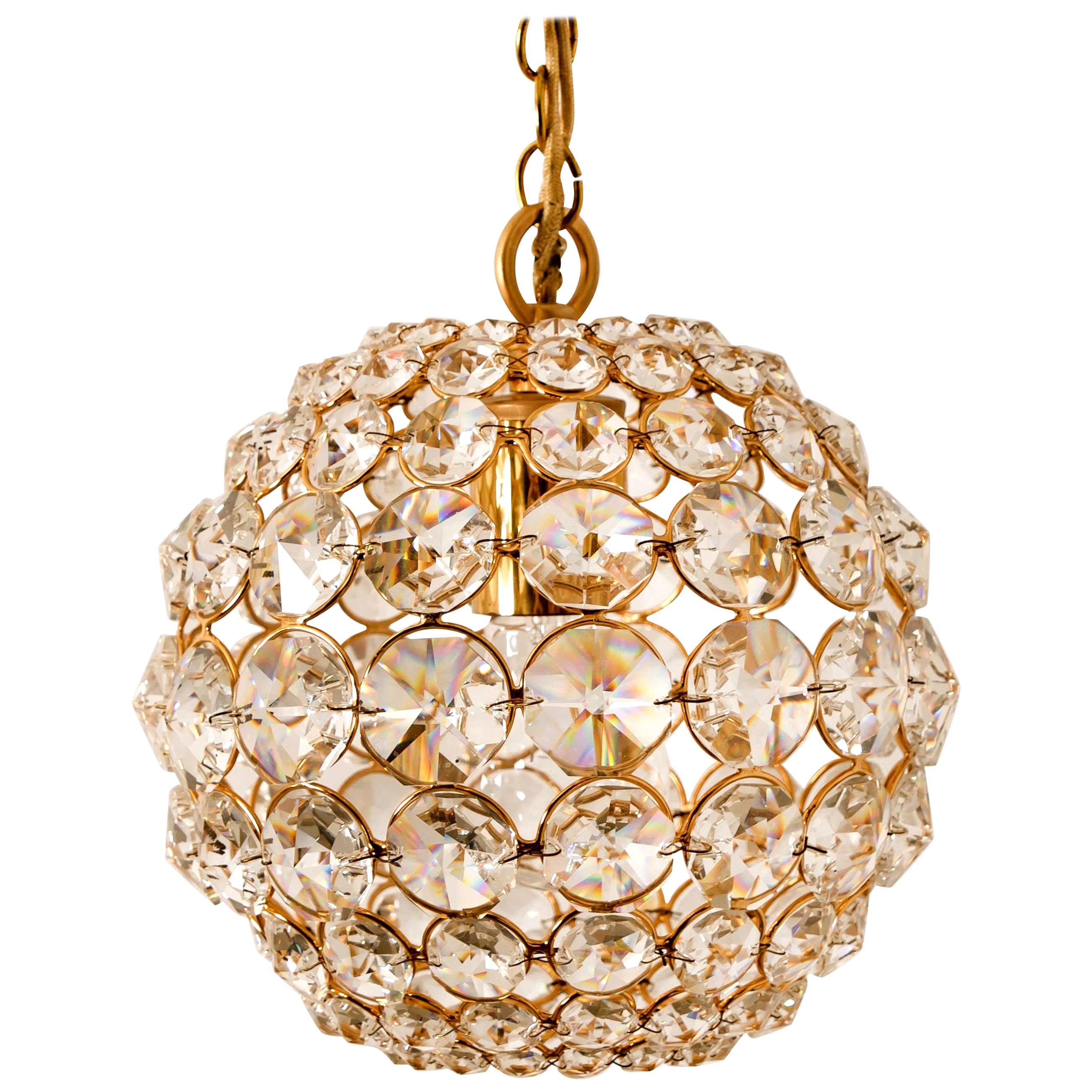 Small Gold-Plated Brass and Crystal Pendant Lamp from Palwa, 1960s