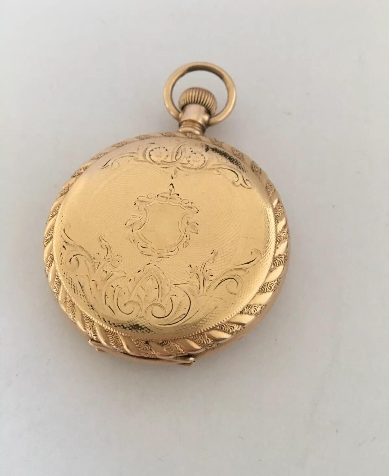 Small Gold-Plated Full Hunter Engine Turned Cased Waltham Antique Pocket Watch 6