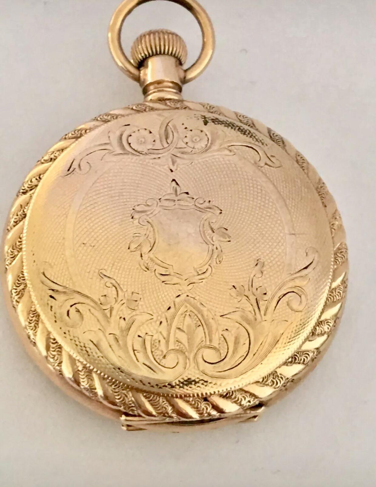 Small Gold-Plated Full Hunter Engine Turned Cased Waltham Antique Pocket Watch 7