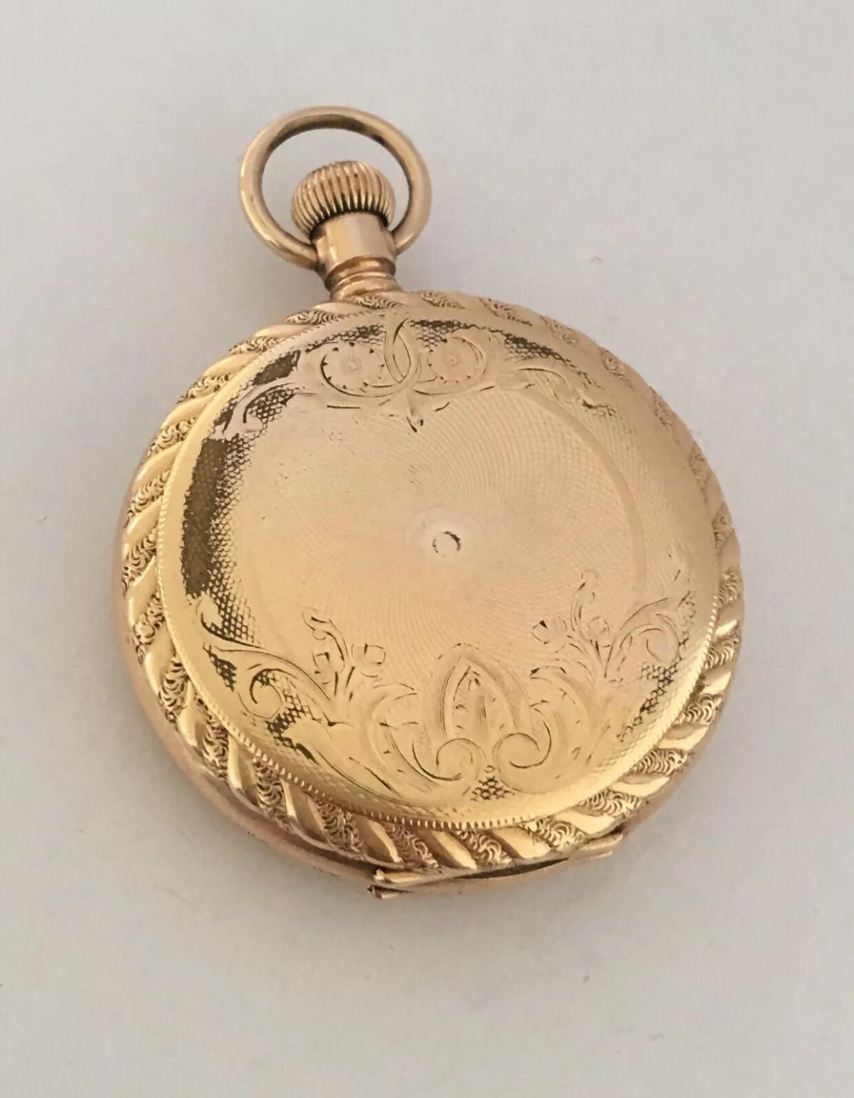 Small Gold-Plated Full Hunter Engine Turned Cased Waltham Antique Pocket Watch 8