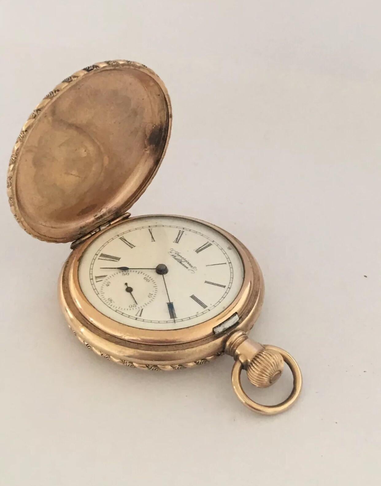 
Small Gold Plated Full Hunter Engine Turned Cased Waltham Antique Pocket Watch.


This beautiful watch is working and ticks nicely. There are some visible worn , tarnished on the case as shown on the photos