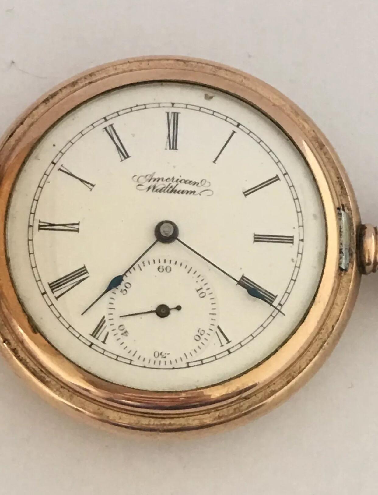 Small Gold-Plated Full Hunter Engine Turned Cased Waltham Antique Pocket Watch In Good Condition In Carlisle, GB