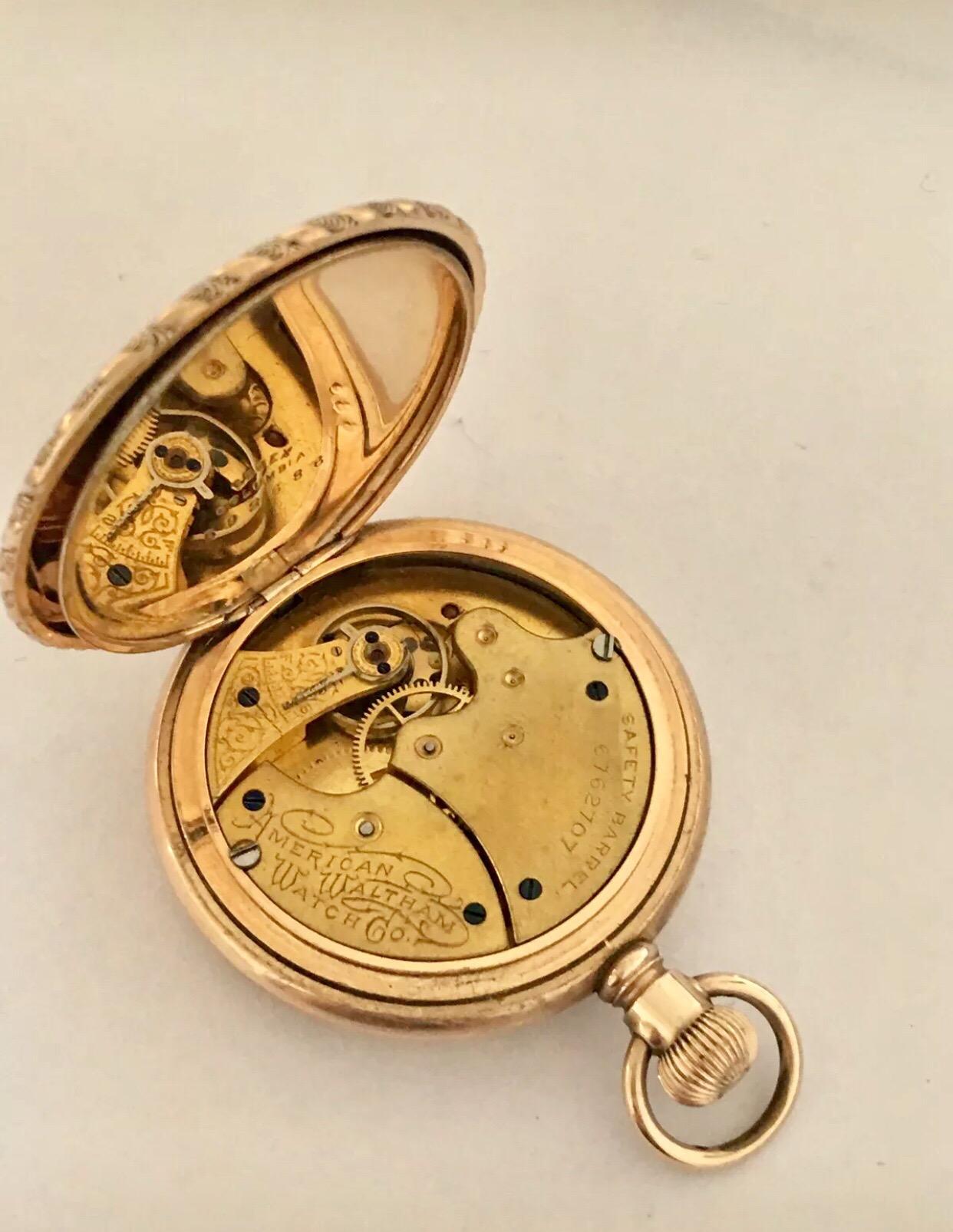 Small Gold-Plated Full Hunter Engine Turned Cased Waltham Antique Pocket Watch 1
