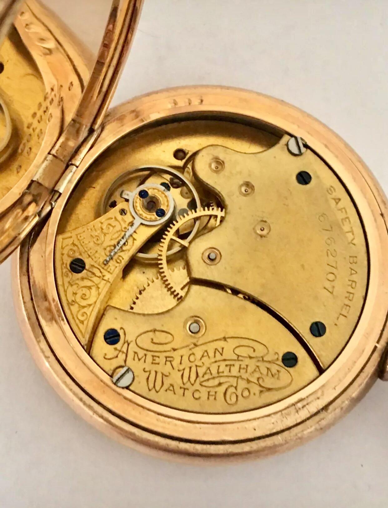 Small Gold-Plated Full Hunter Engine Turned Cased Waltham Antique Pocket Watch 2