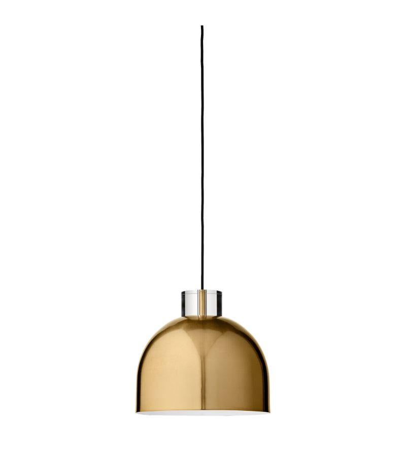 Small gold round pendant lamp 
Dimensions: Diameter 28 x Height 25.5 cm 
Materials: Glass, Iron w. brass plating & powder coating.
Details: For all lamps, the recommended light source is E27 max 25W&220/240 voltage. We recommend LED in order to