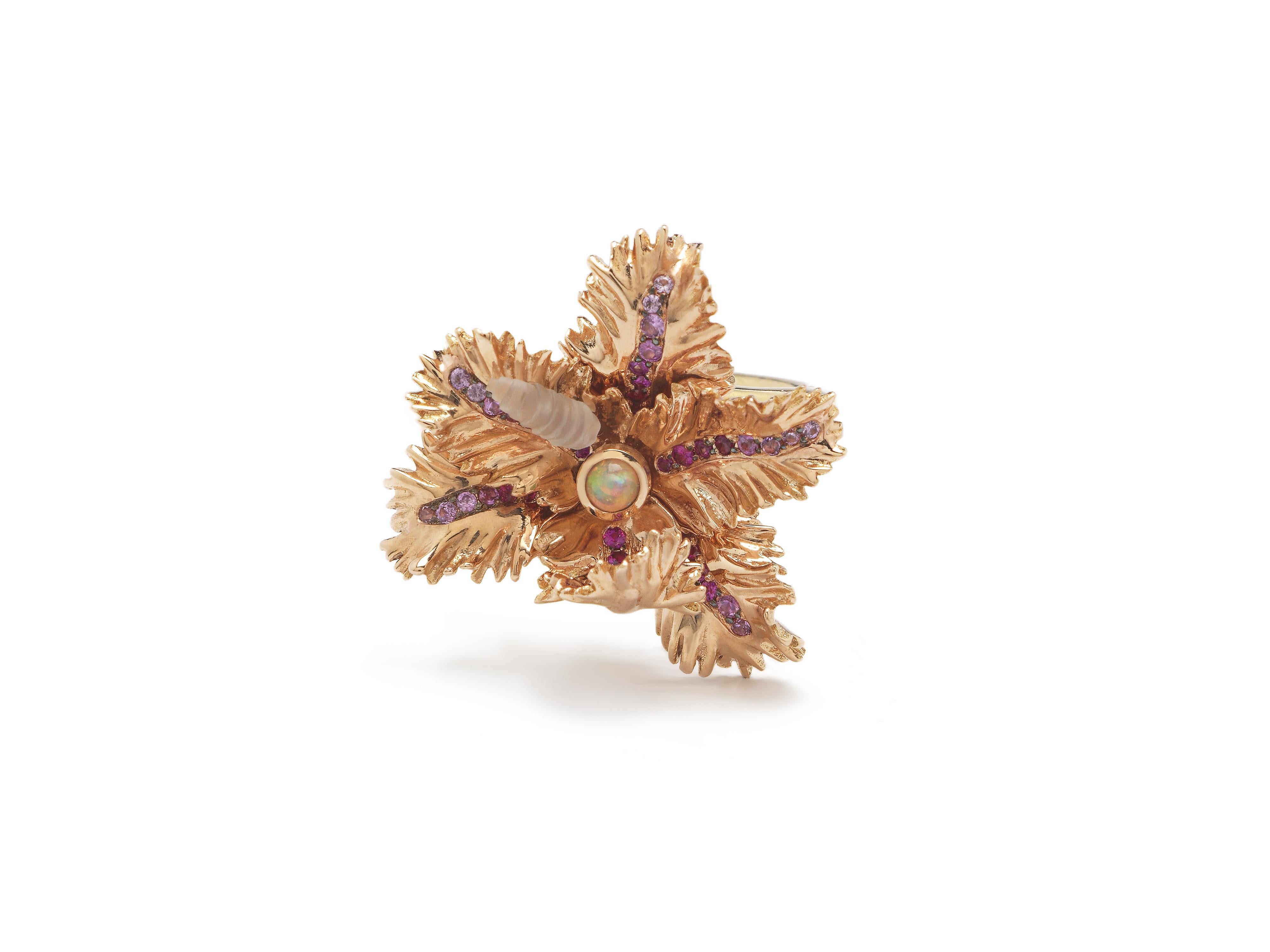 Contemporary Small Gold Tulip Ring with Pink Sapphires Amethyst Opals Tsavorite and Crystal For Sale