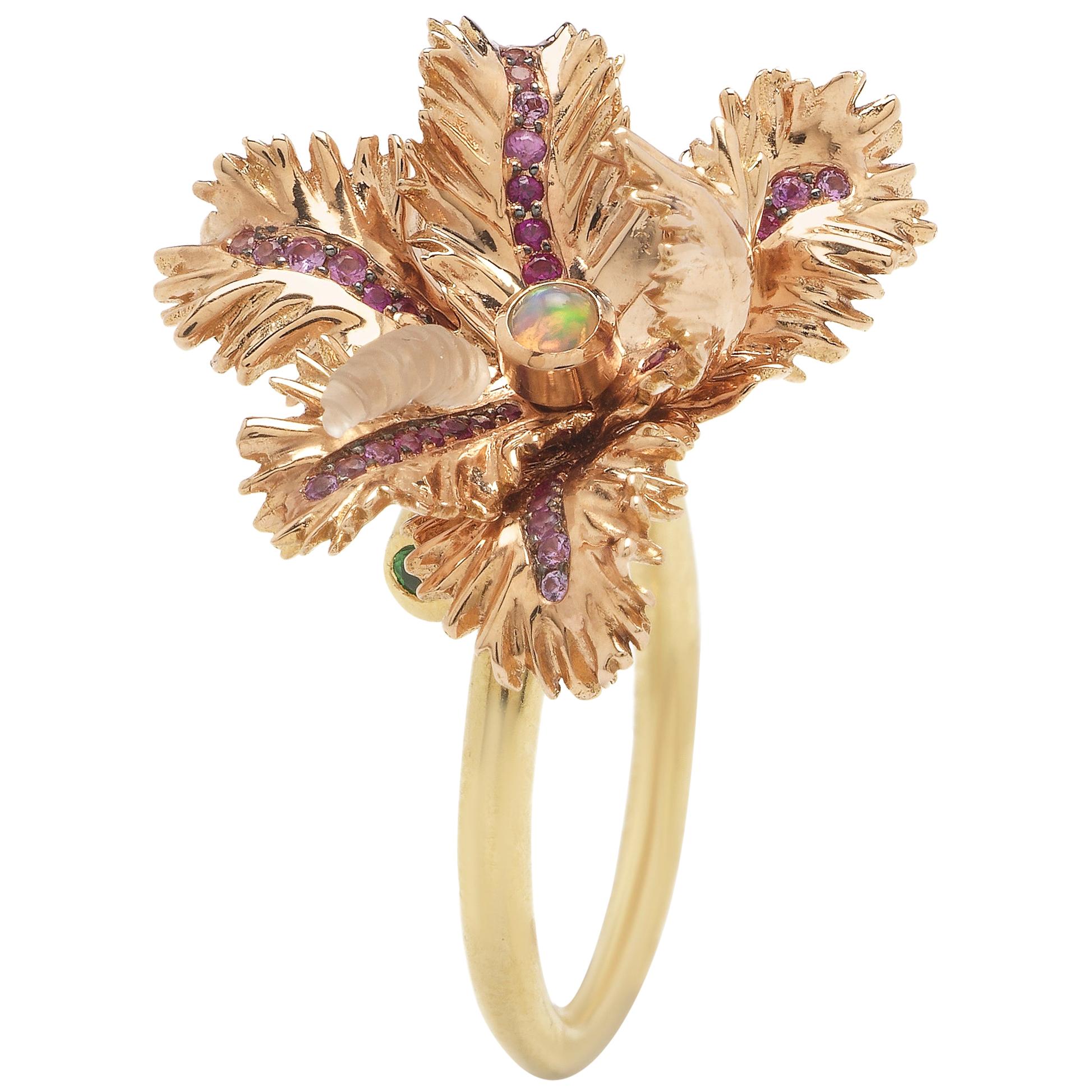 Small Gold Tulip Ring with Pink Sapphires Amethyst Opals Tsavorite and Crystal For Sale