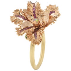 Small Gold Tulip Ring with Pink Sapphires Amethyst Opals Tsavorite and Crystal