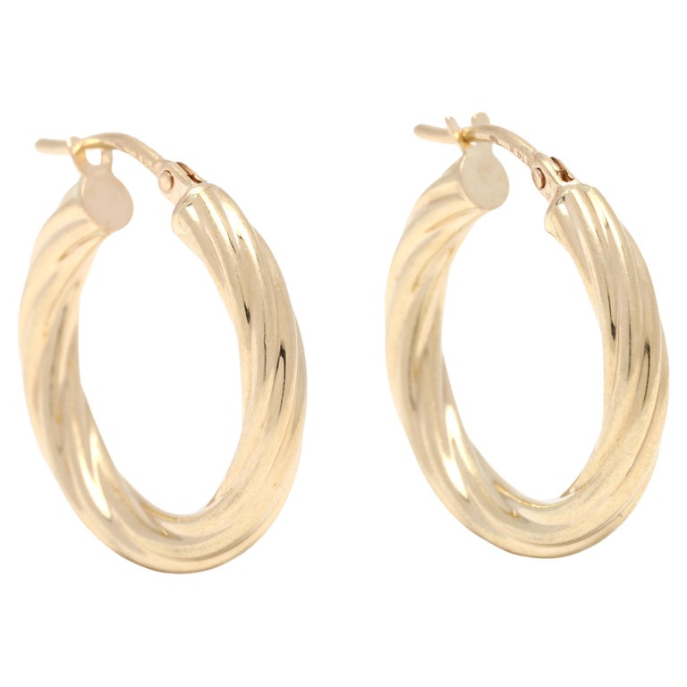 Small Gold Twist Hoop Earrings, 14K Yellow Gold, Simple Gold For Sale