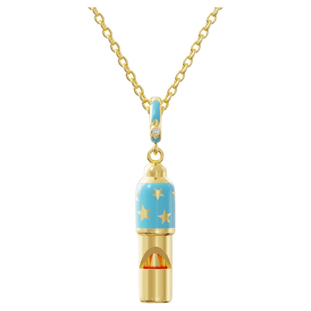 Small Gold Whistle Pendant Necklace, Blue Enamel For Sale