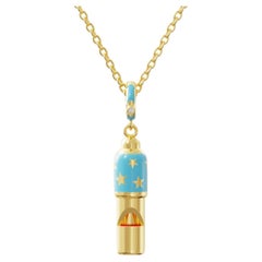 Used Small Gold Whistle Pendant Necklace, Blue Enamel