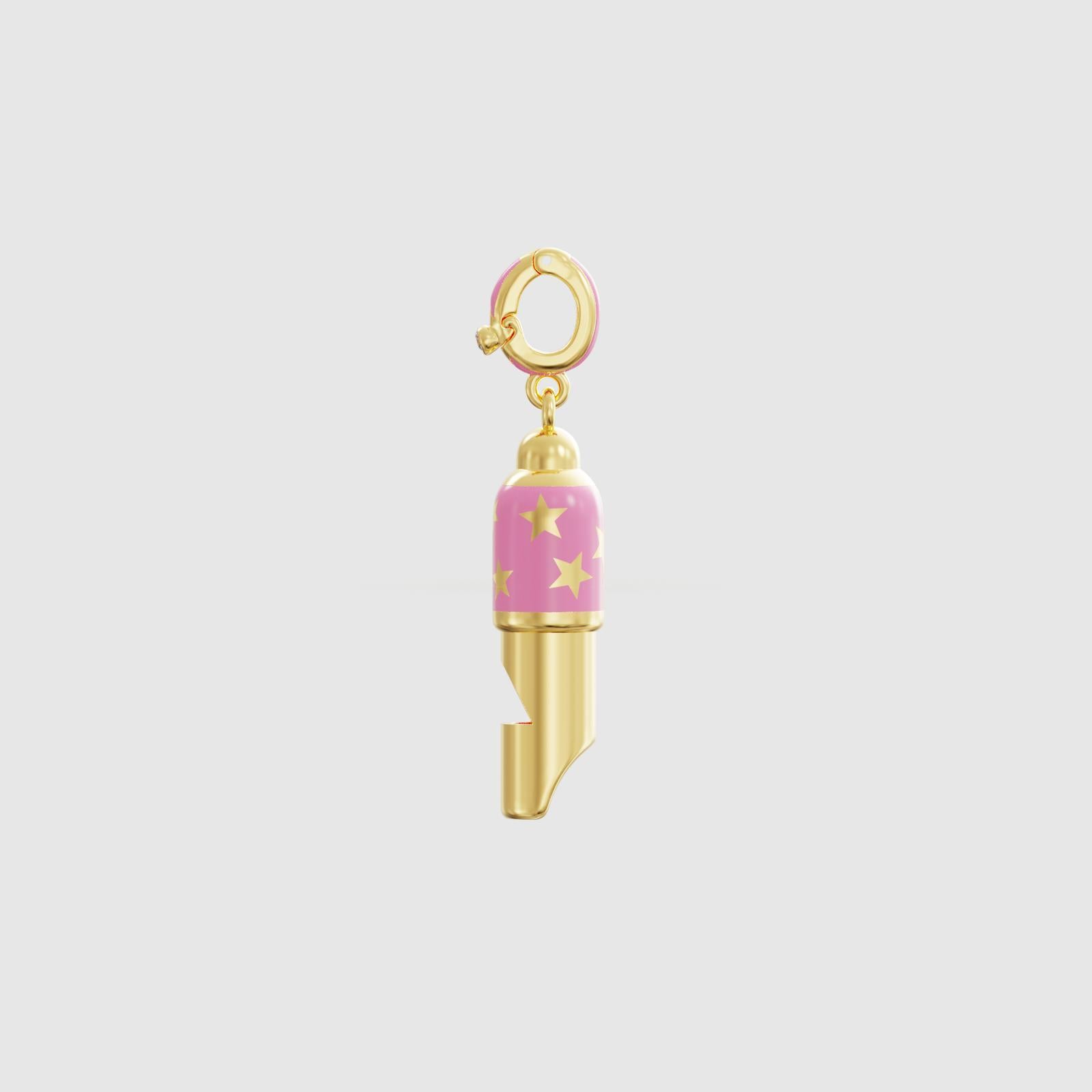 Brilliant Cut Small Gold Whistle Pendant Necklace, Pink Enamel For Sale