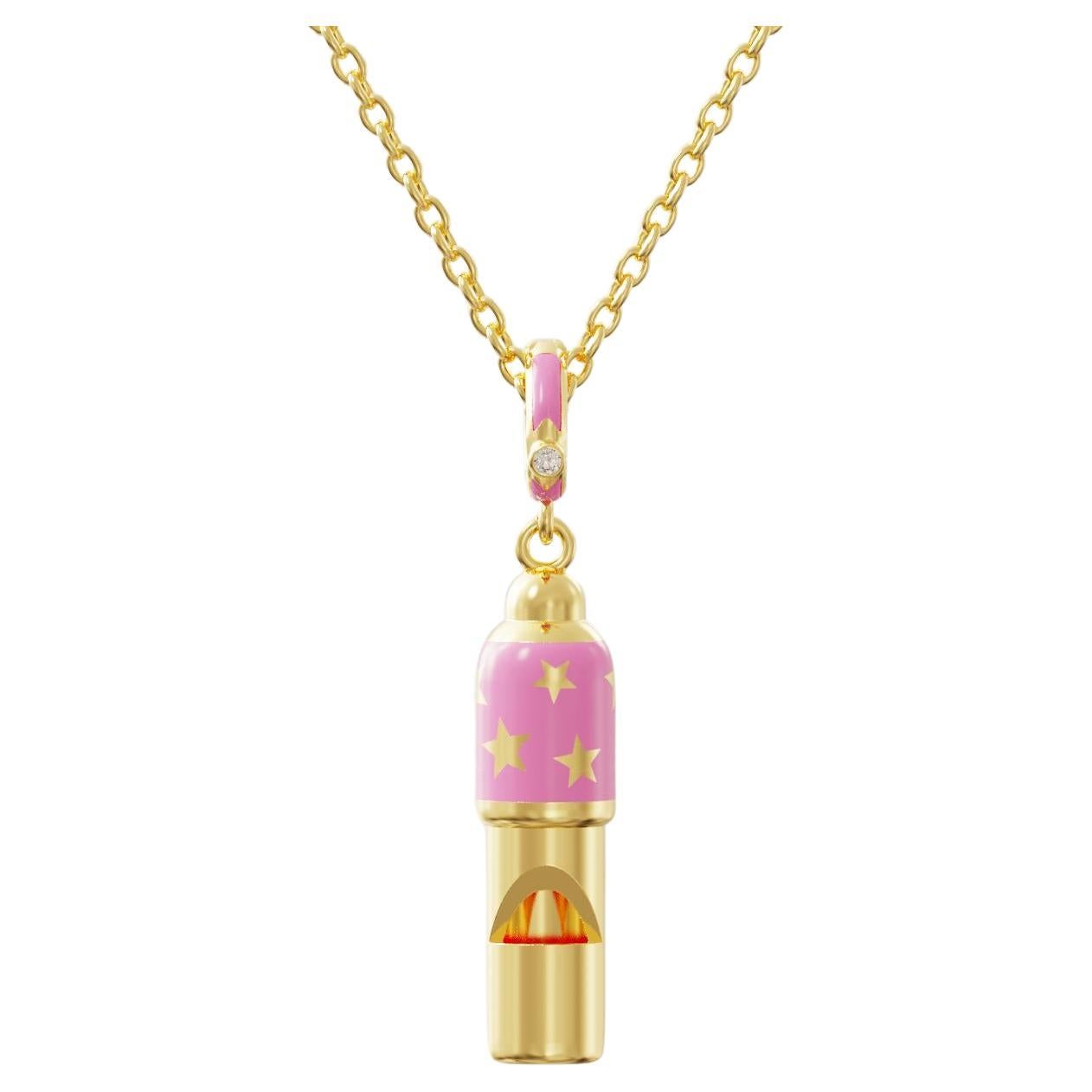 Small Gold Whistle Pendant Necklace, Pink Enamel For Sale