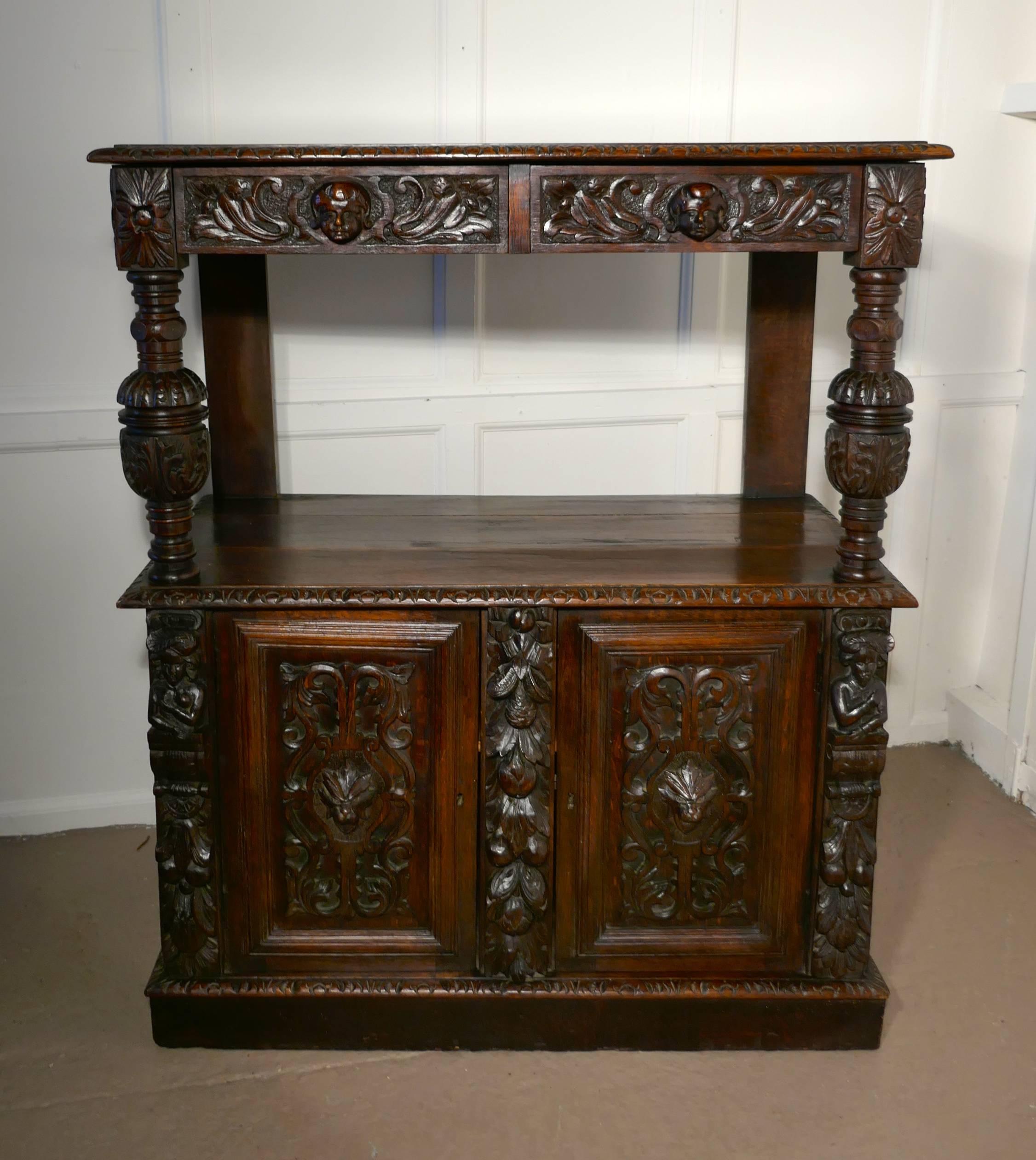 Small Gothic Carved Oak Green Man Buffet with Cupboard 4