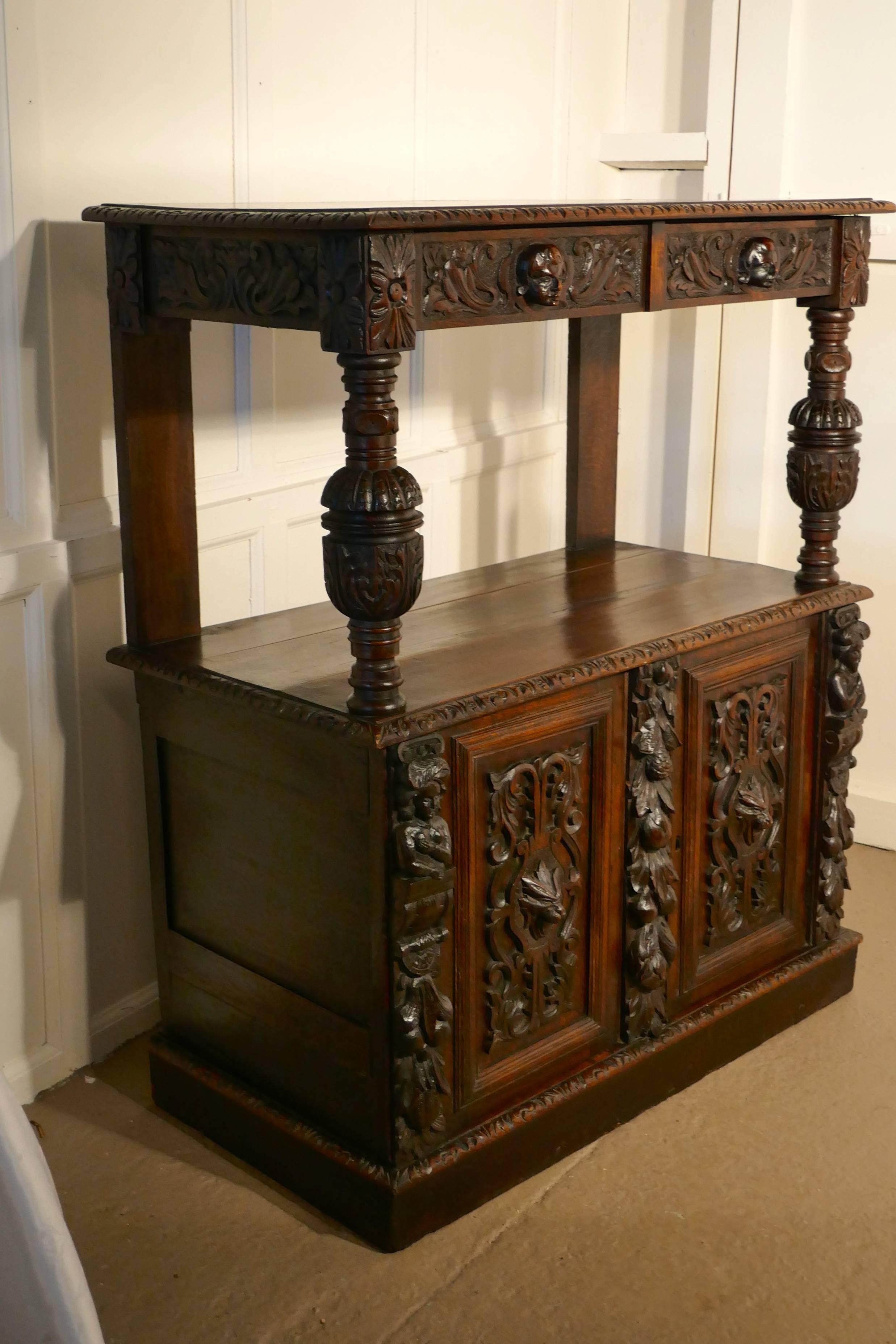 19th Century Small Gothic Carved Oak Green Man Buffet with Cupboard