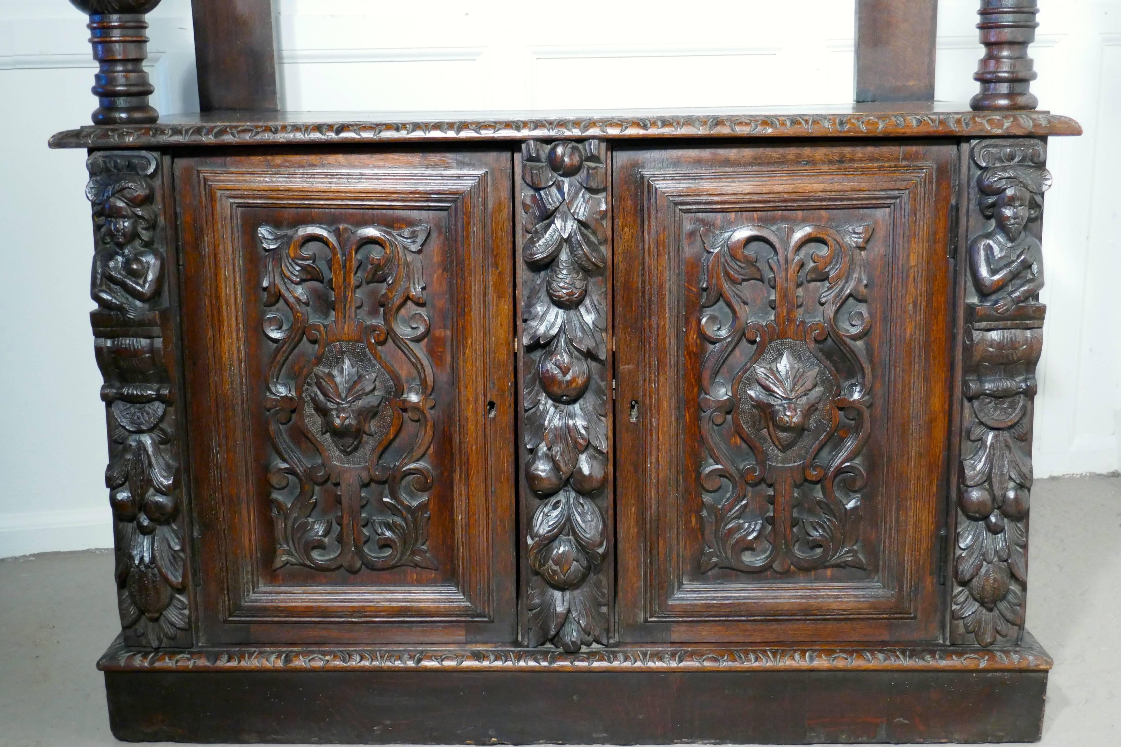 Small Gothic Carved Oak Green Man Buffet with Cupboard 2