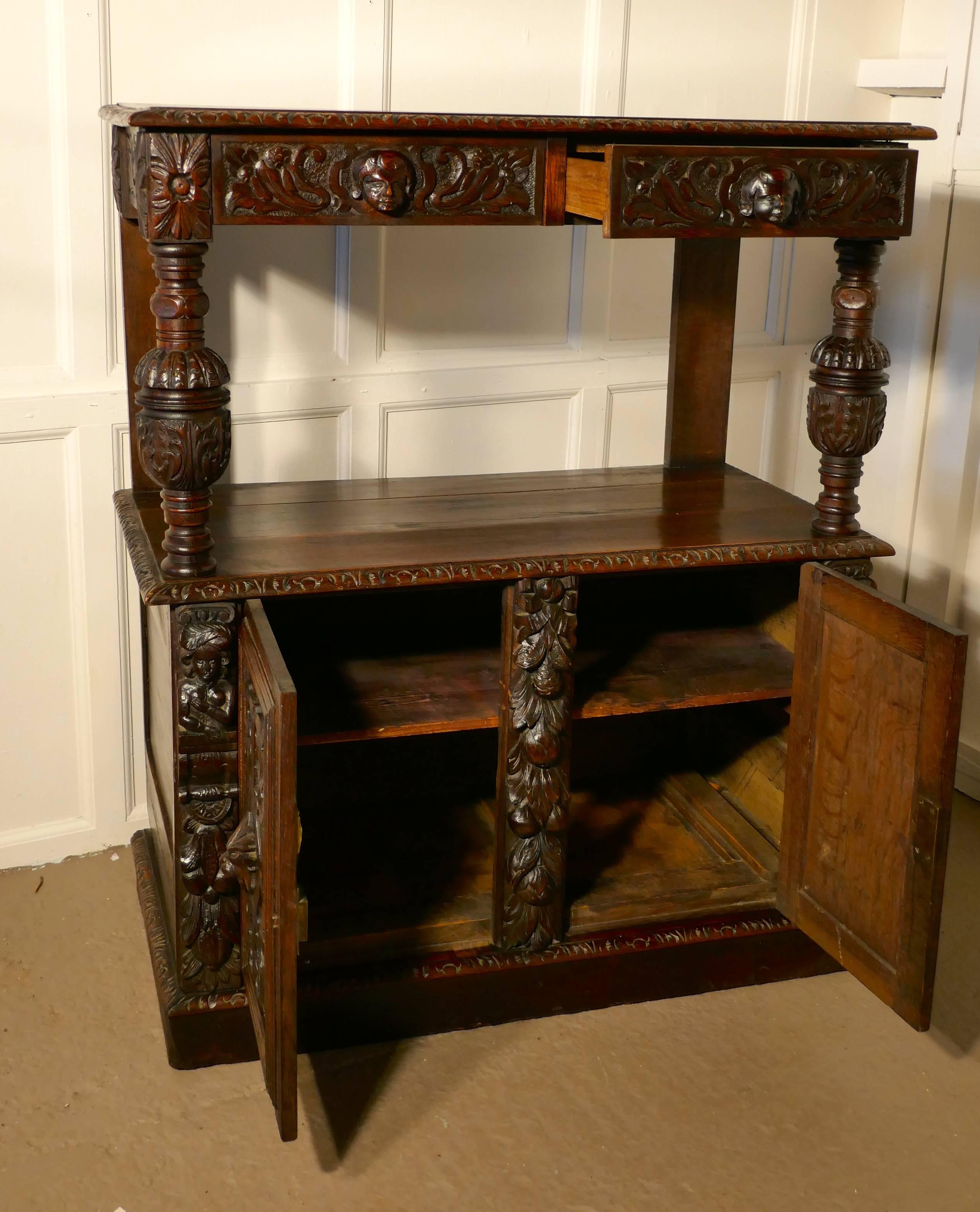 Small Gothic Carved Oak Green Man Buffet with Cupboard 3