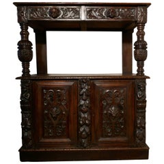 Antique Small Gothic Carved Oak Green Man Buffet with Cupboard