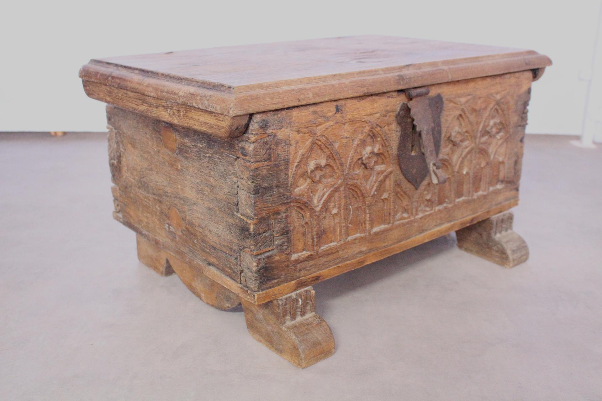 Small Gothic Chest Carved Oak French Provincial Antique Bible or Strong Box 2