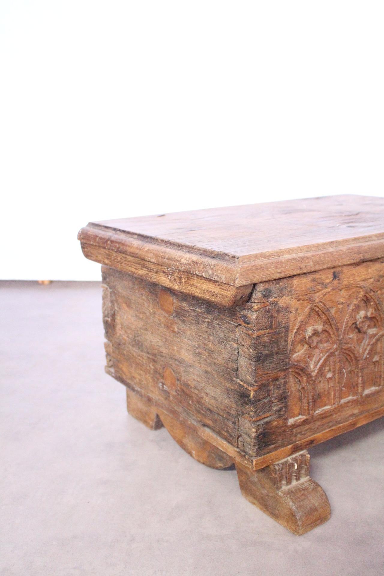 Small Gothic Chest Carved Oak French Provincial Antique Bible or Strong Box 3