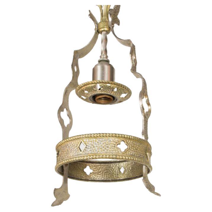 Small Brass and Nickel Hall Fixture. 

A single bulb hangs down from central twisted stem. hammered metal ring and harp with cutouts of diamonds and clubs. Excellent for a tudor, gothic revival, or renaissance revival space. Or a fun addition to a