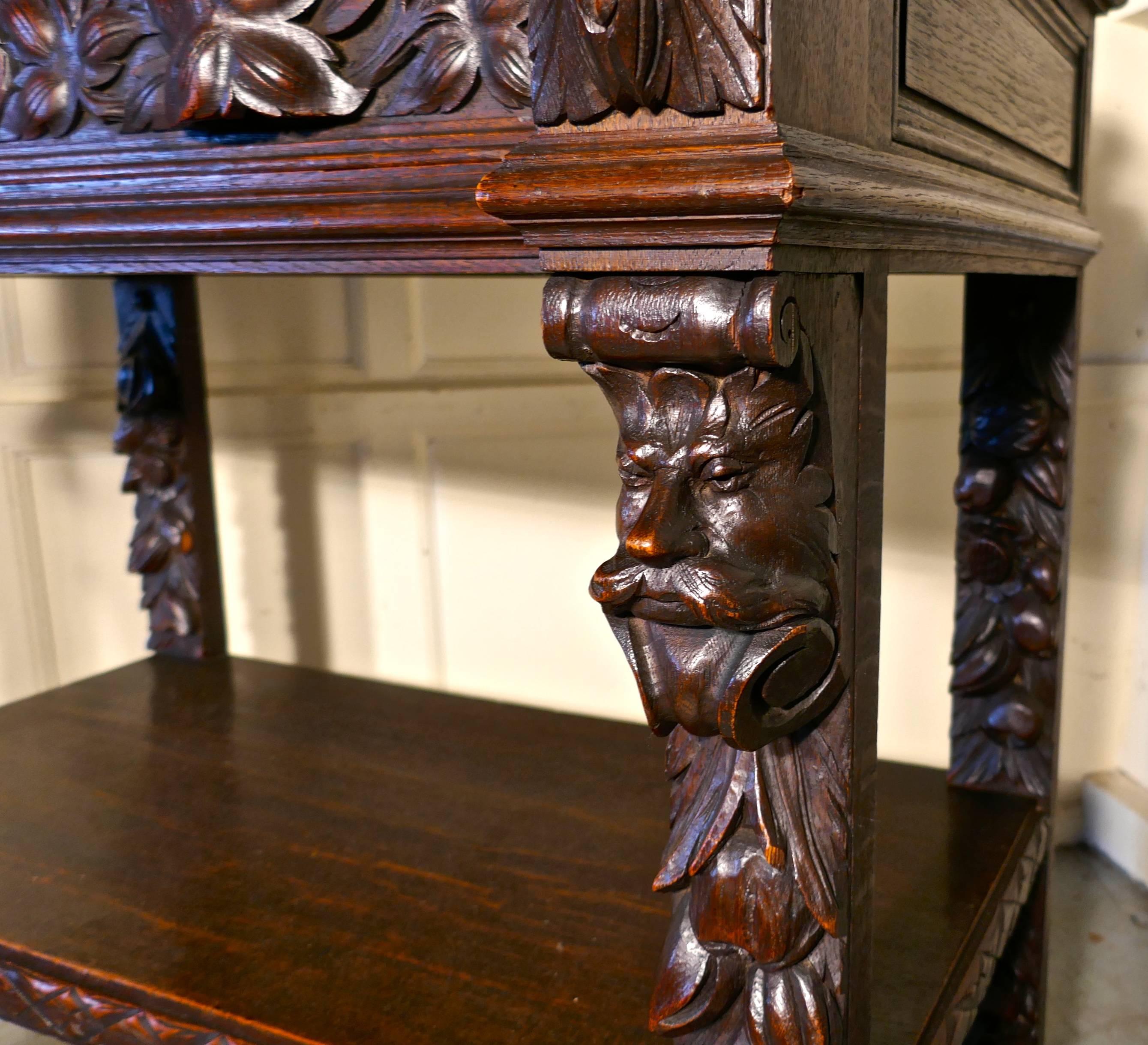 19th Century Small Gothic Victorian Carved Oak Green Man Buffet For Sale