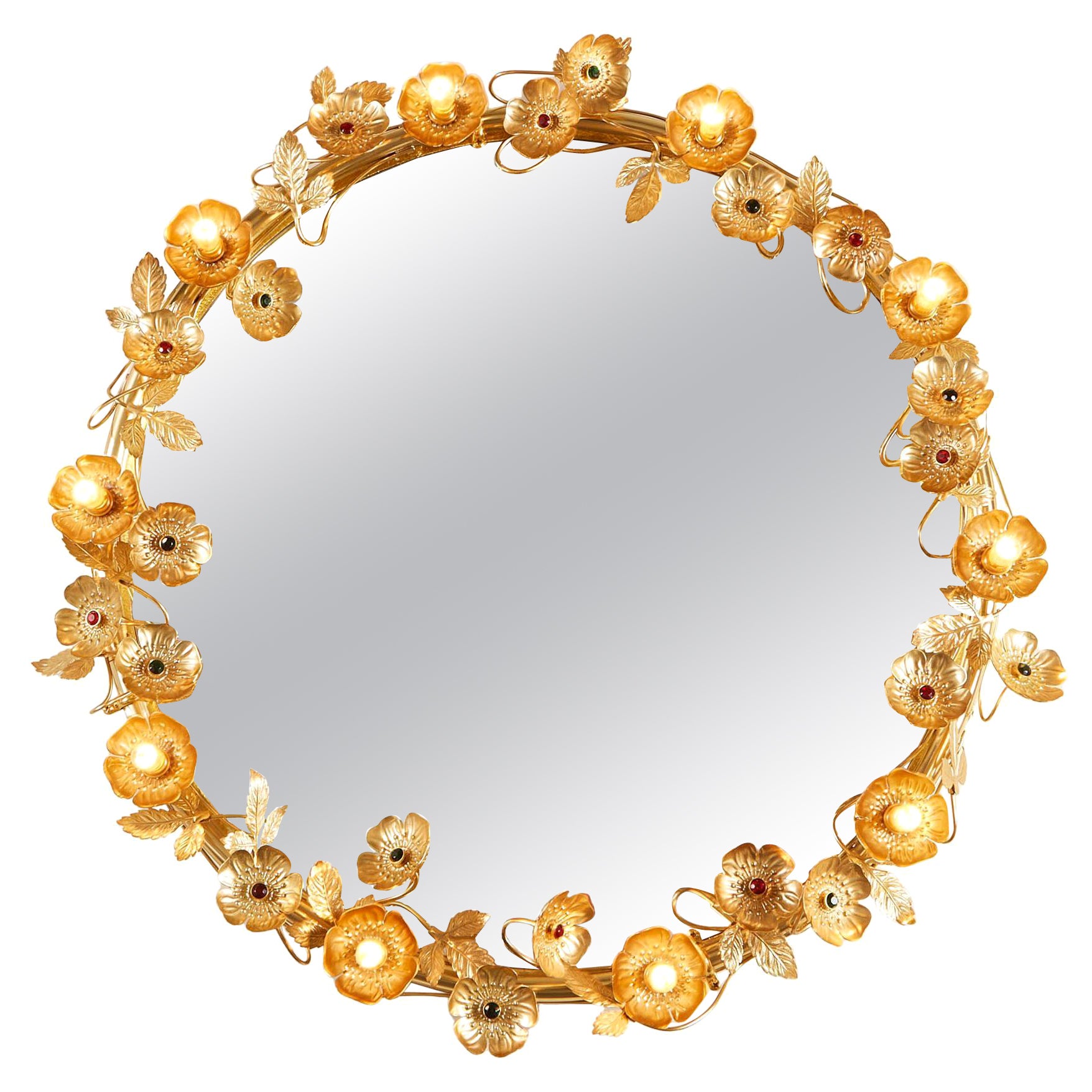 Super glamorous contemporary wall mirror from the VW collection that comprises of delicate gold brass flowers and leaves that encircle the beveled mirror. Each flower is finished with a ruby or emerald centre unless it holds one of the small