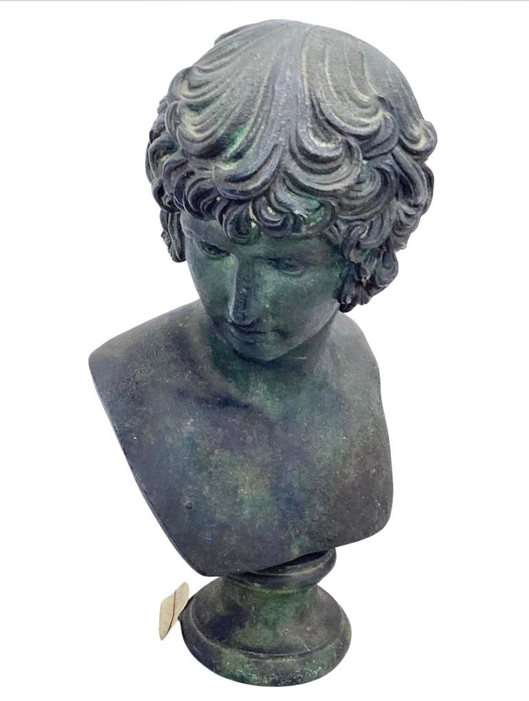 19th Century grand tour bronze bust of antinous-a lover of the Roman emperor Hadrain-who died before age 20 under suspicious circumstances. Bust is heavy and has a wonderful patina.