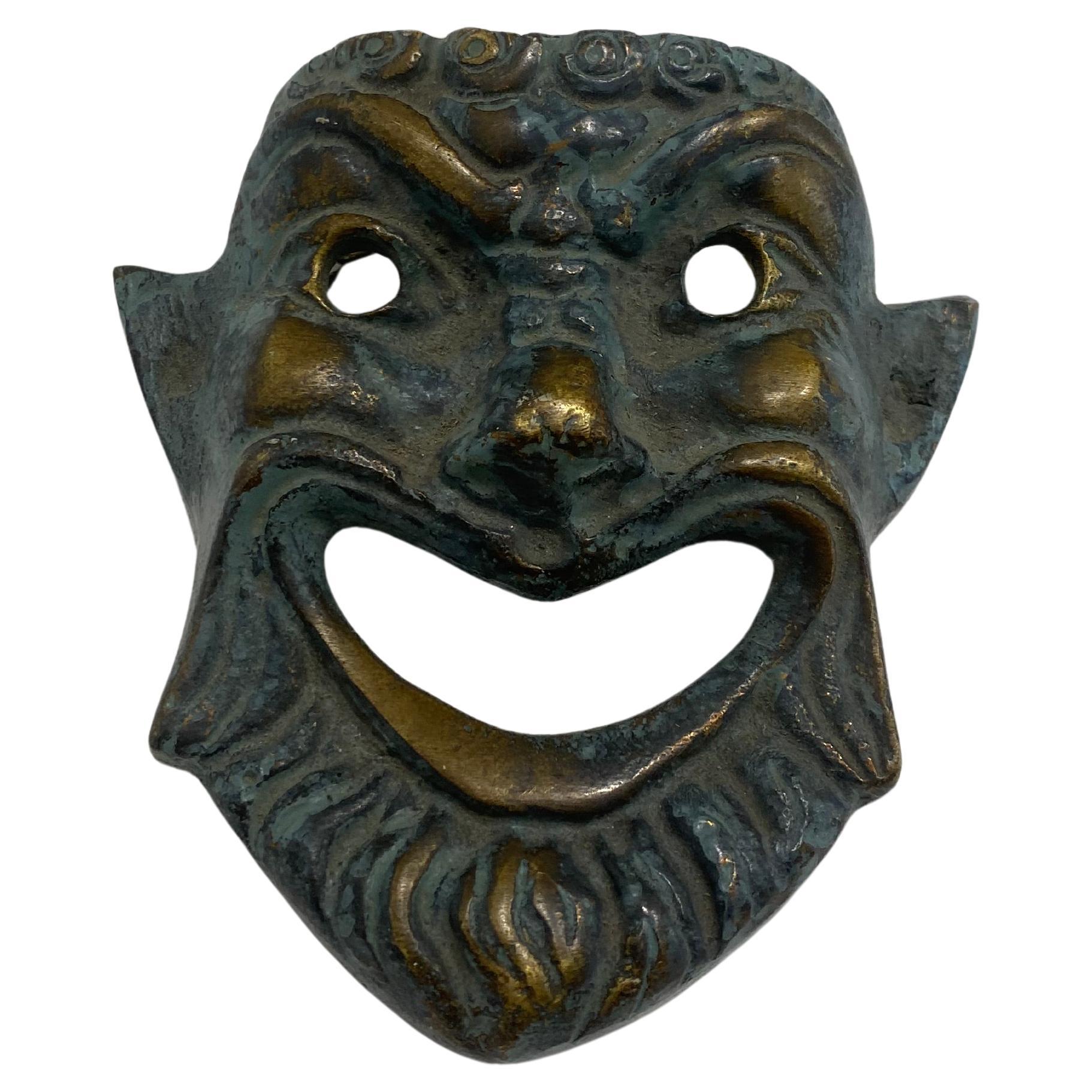 Pequeña Máscara de Teatro Griega de Bronce y Latón Colgante de Pared Decorativo 1970s Arte Vintage