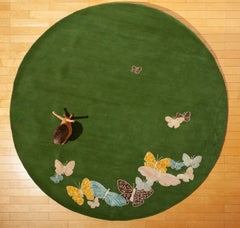 Round Butterfly Nepalese Rug: Green, Blue, Pink, Orange. Wool and Silk, custom